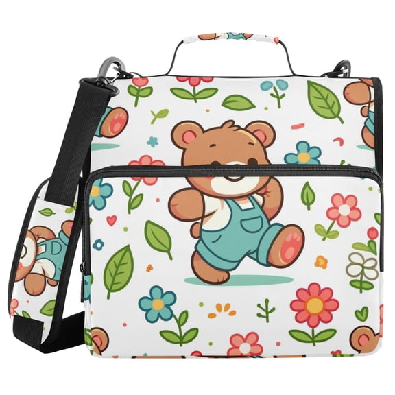 3 Ring Zipper Binder with Shoulder Strap Waterproof Trapper Keeper 1.5 Inch D-Ring 500 Sheets Capacity Cartoon Bear with Flower and Leaf