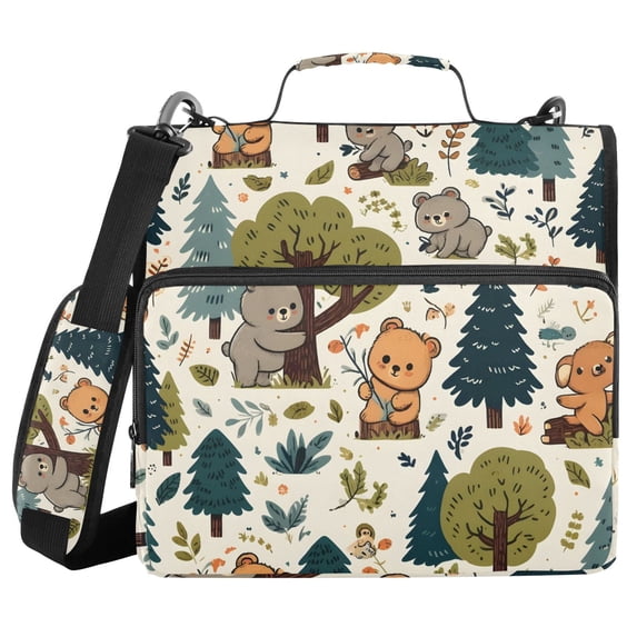3 Ring Zipper Binder with Shoulder Strap Waterproof Trapper Keeper 2 Inch D-Ring 500 Sheets Capacity Cartoon Bear with Tree