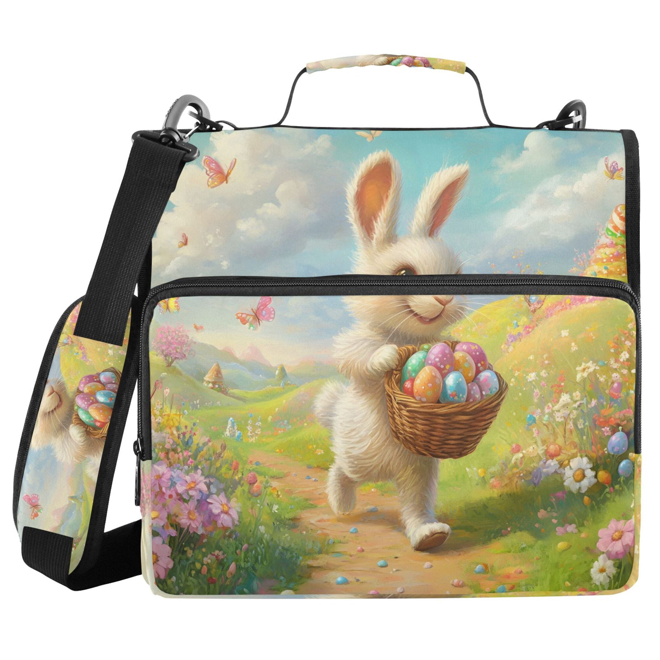 3 Ring Zipper Binder with Shoulder Strap Waterproof Trapper Keeper 2 Inch D-Ring 500 Sheets Capacity Cartoon Bunny Walks with Easter Eggs
