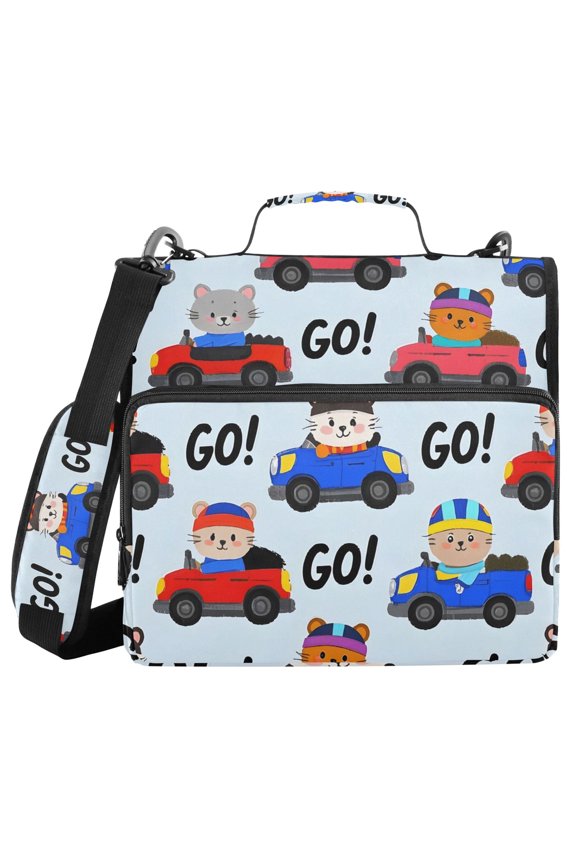 3 Ring Zipper Binder with Shoulder Strap Waterproof Trapper Keeper 2 Inch D-Ring 500 Sheets Capacity Cartoon Cat Drive Car