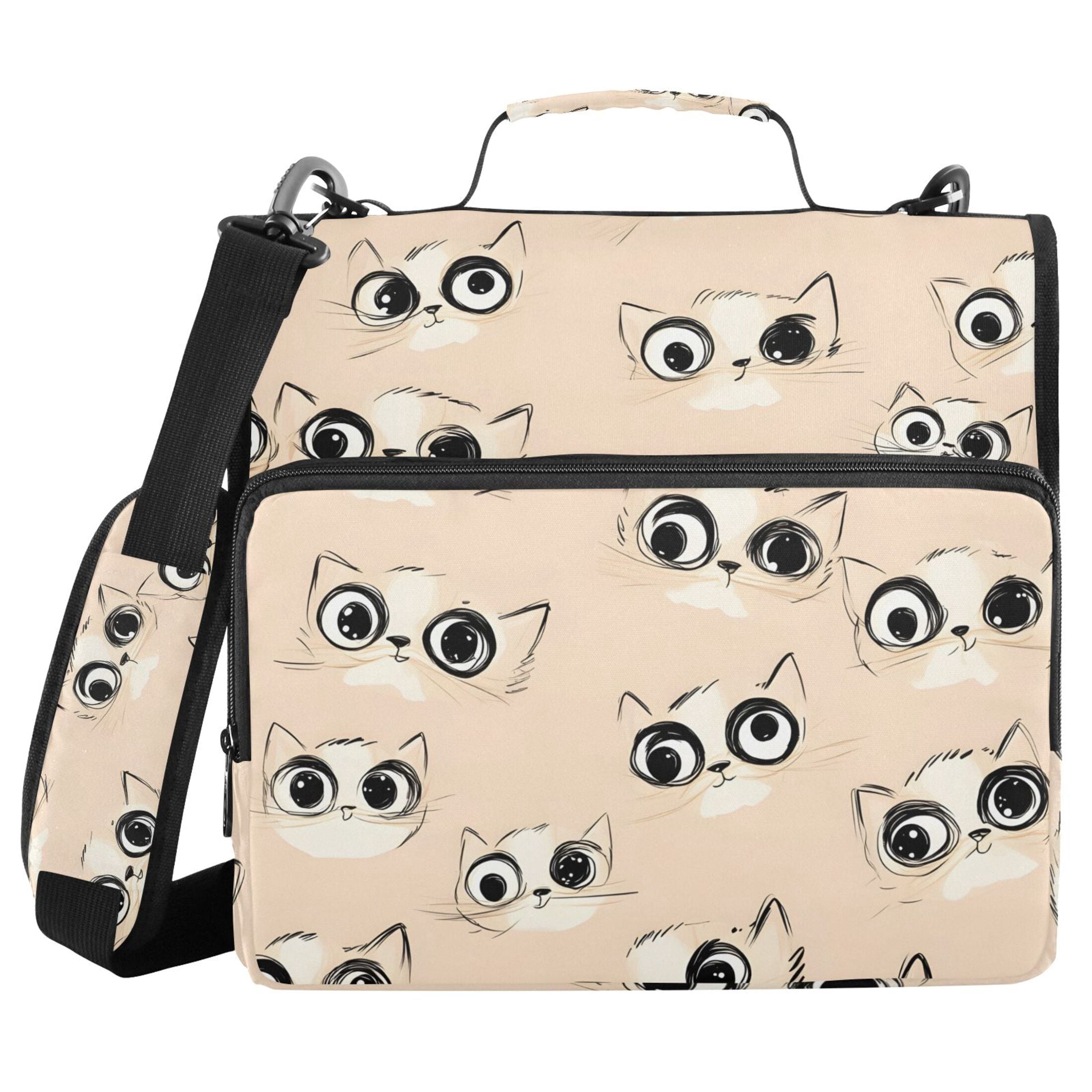 3 Ring Zipper Binder with Shoulder Strap Waterproof Trapper Keeper 2 Inch D-Ring 500 Sheets Capacity Cartoon Cute Cat Eye