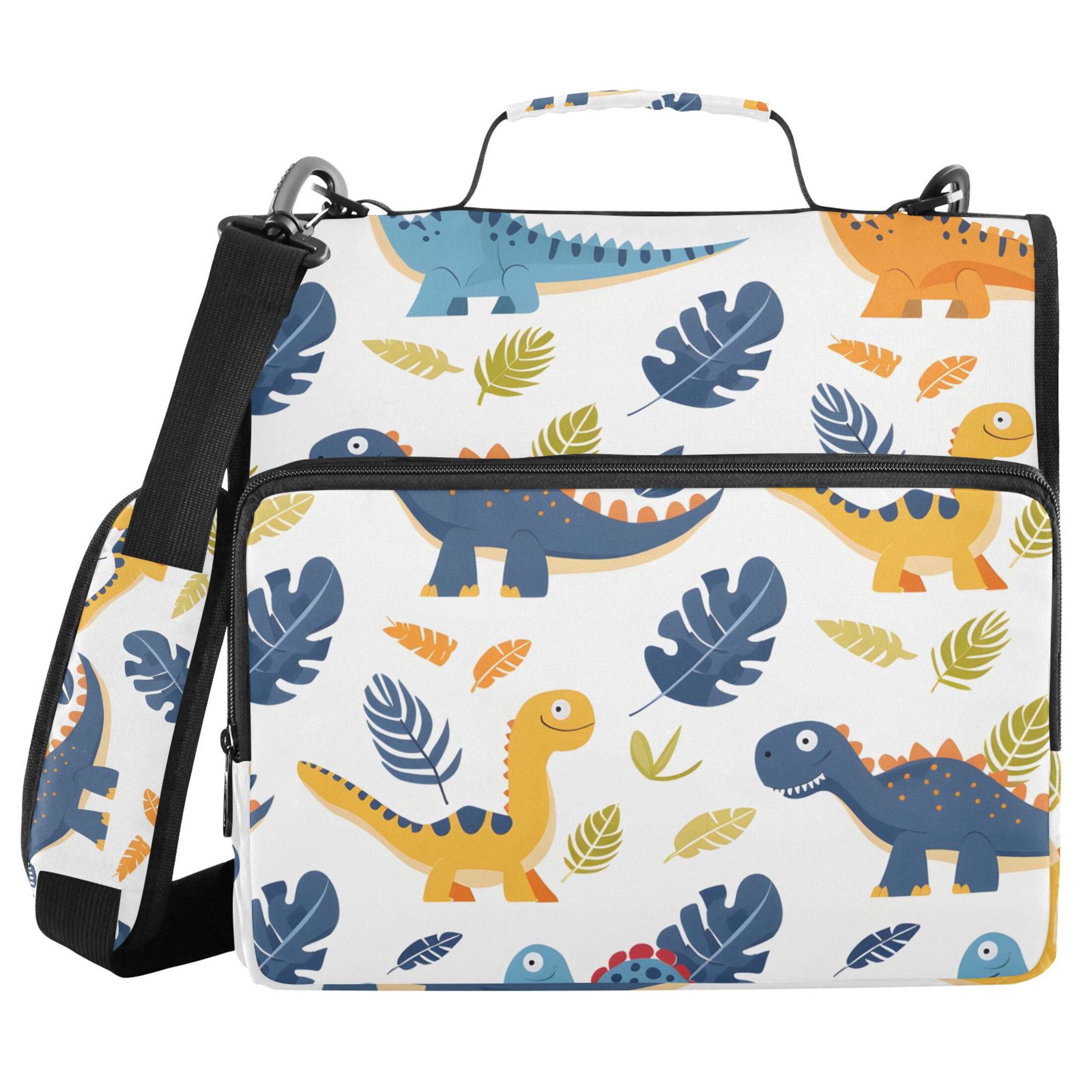 3 Ring Zipper Binder with Shoulder Strap Waterproof Trapper Keeper 2 Inch D-Ring 500 Sheets Capacity Cartoon Dinosaur and Leaf