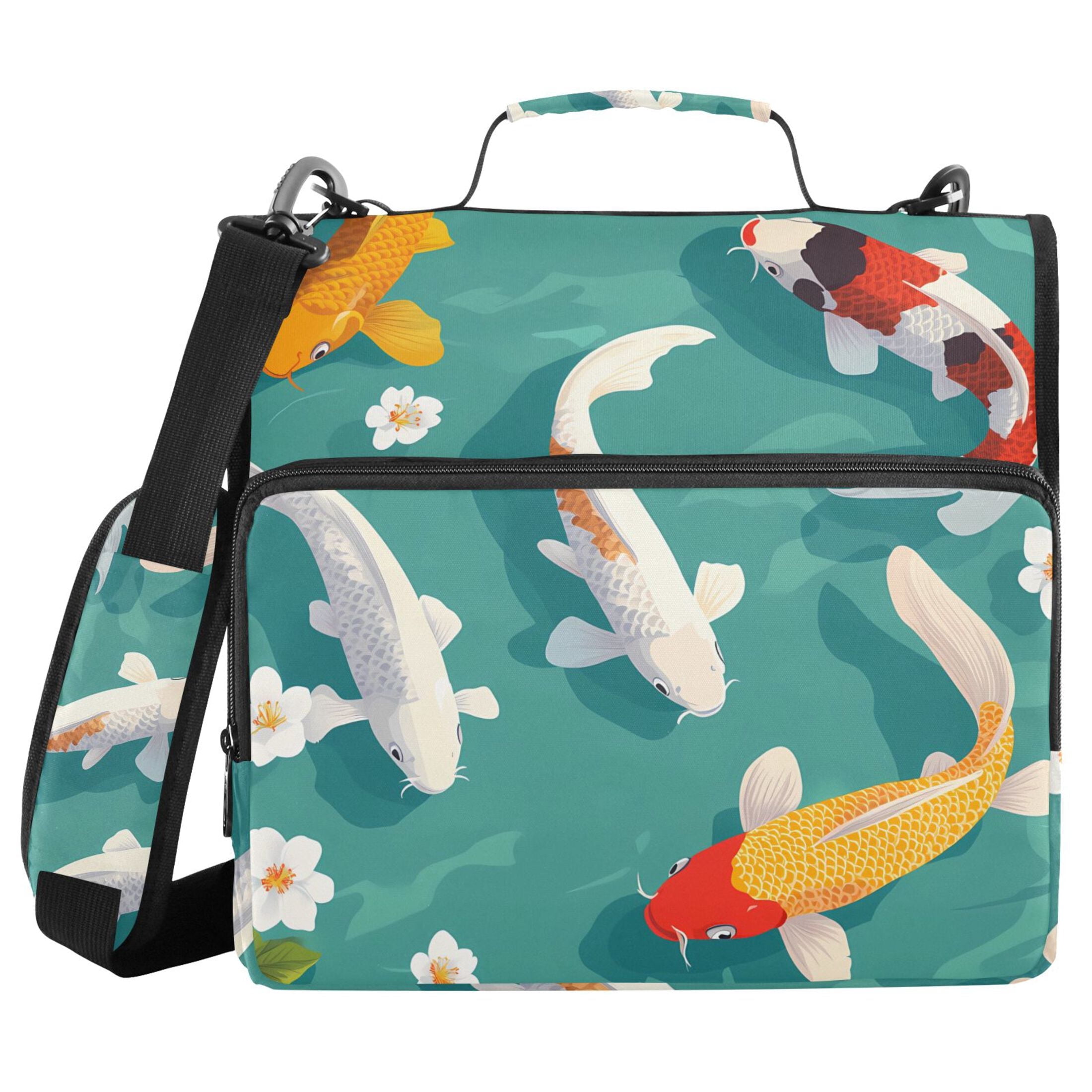 3 Ring Zipper Binder with Shoulder Strap Waterproof Trapper Keeper 2 Inch D-Ring 500 Sheets Capacity Cartoon Fish and White Flower