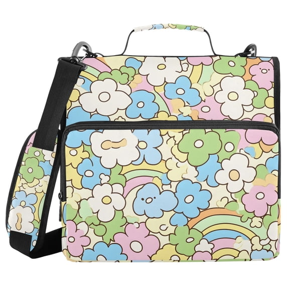3 Ring Zipper Binder with Shoulder Strap Waterproof Trapper Keeper 2 Inch D-Ring 500 Sheets Capacity Cartoon Flower Rainbow