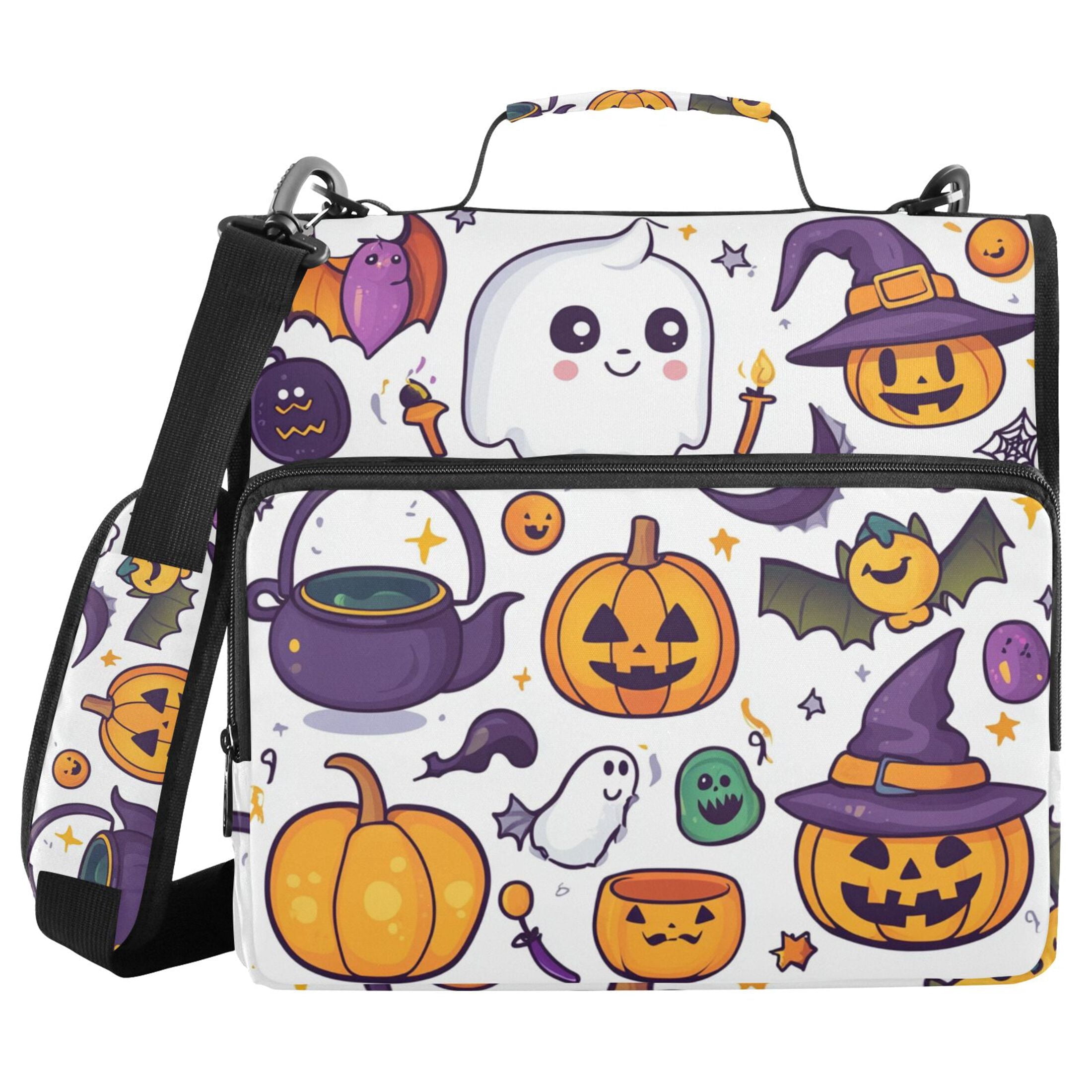 3 Ring Zipper Binder with Shoulder Strap Waterproof Trapper Keeper 2 Inch D-Ring 500 Sheets Capacity Cartoon Ghost Pumpkin Bats