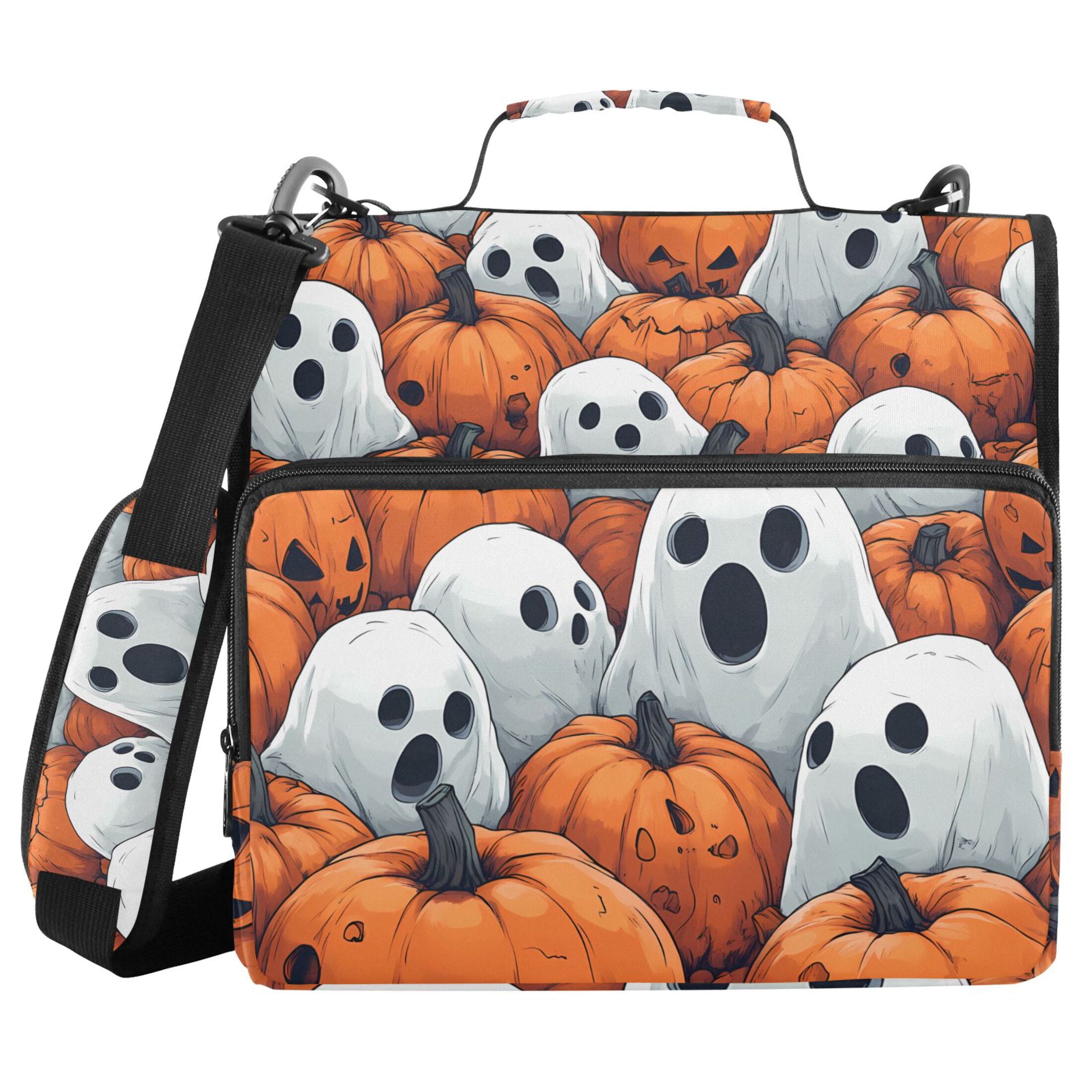 3 Ring Zipper Binder with Shoulder Strap Waterproof Trapper Keeper 2 Inch D-Ring 500 Sheets Capacity Cartoon Ghosts Hide in Pumpkins