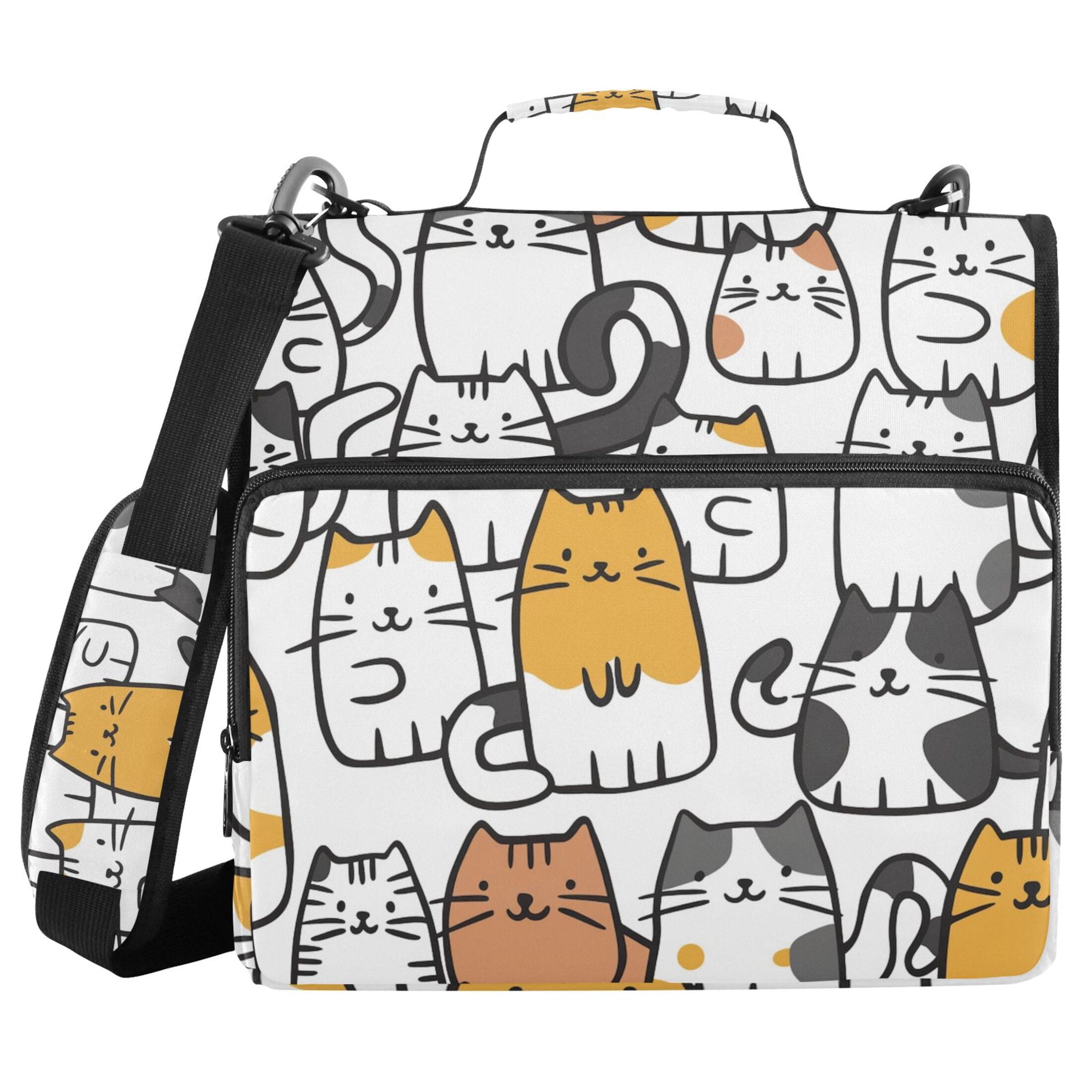 3 Ring Zipper Binder with Shoulder Strap Waterproof Trapper Keeper 2 Inch D-Ring 500 Sheets Capacity Cartoon Line Cats