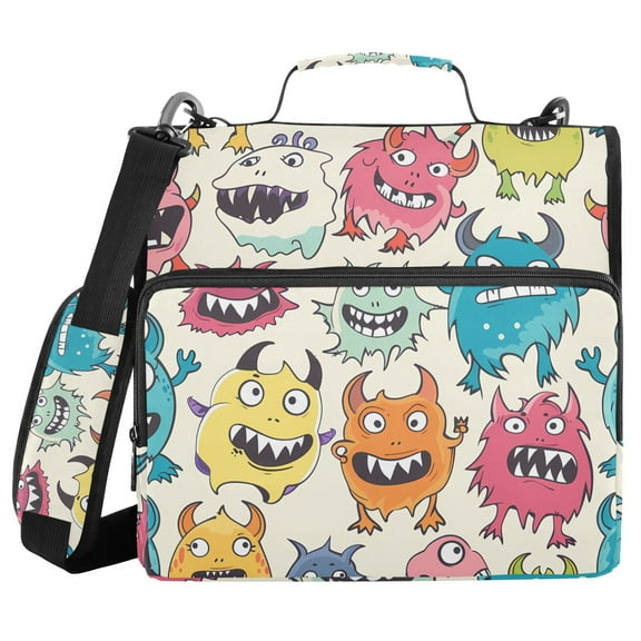 3 Ring Zipper Binder with Shoulder Strap Waterproof Trapper Keeper 1.5 Inch D-Ring 500 Sheets Capacity Cartoon Lovely Monsters