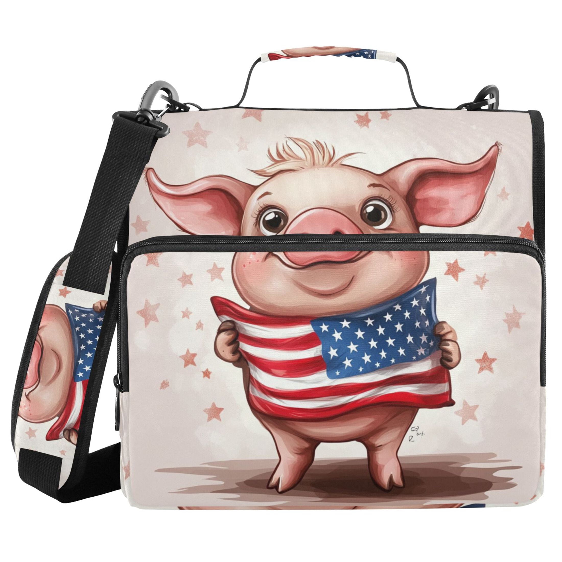 3 Ring Zipper Binder with Shoulder Strap Waterproof Trapper Keeper 2 Inch D-Ring 500 Sheets Capacity Cartoon Pig with Usa Flag