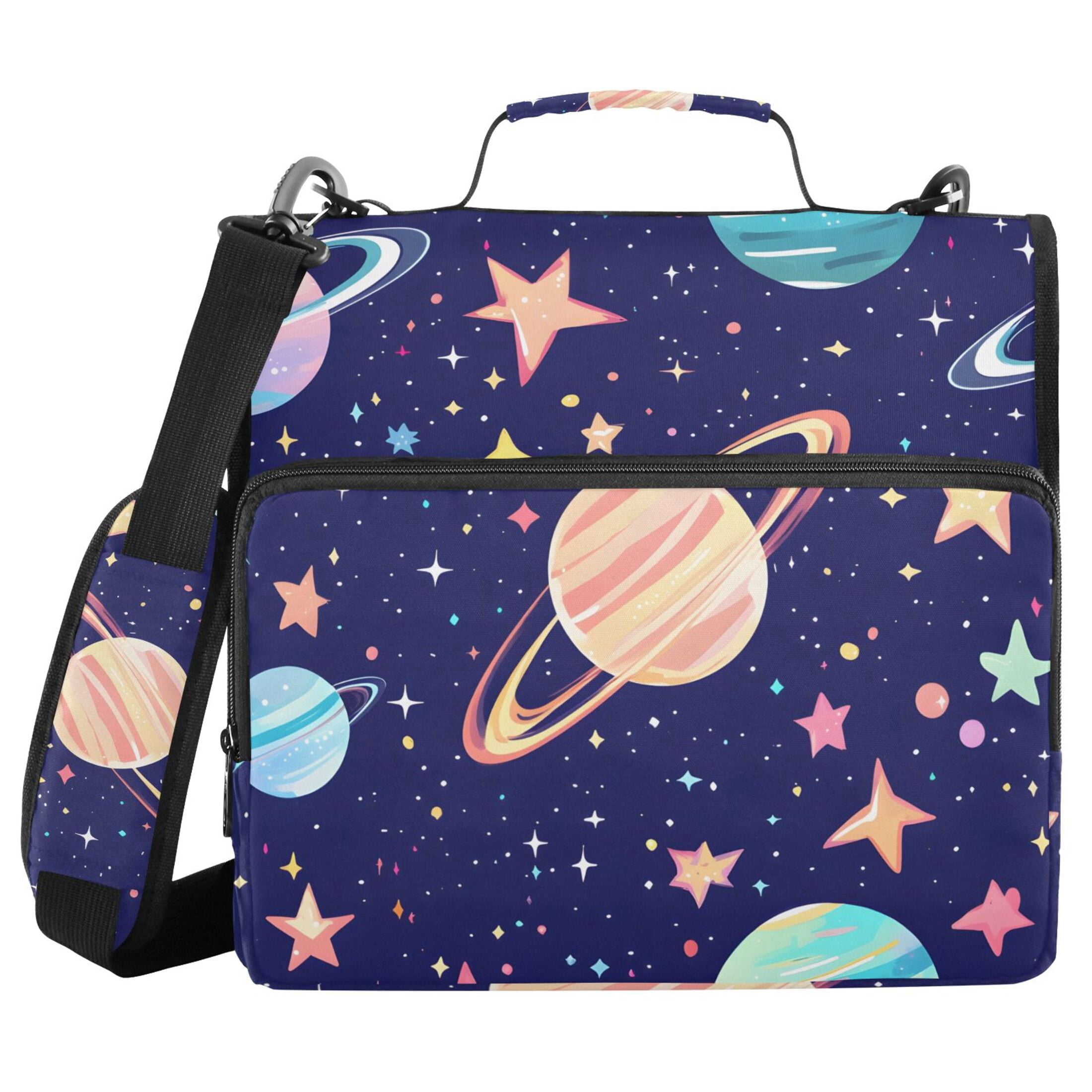 3 Ring Zipper Binder with Shoulder Strap Waterproof Trapper Keeper 2 Inch D-Ring 500 Sheets Capacity Cartoon Planet and Star