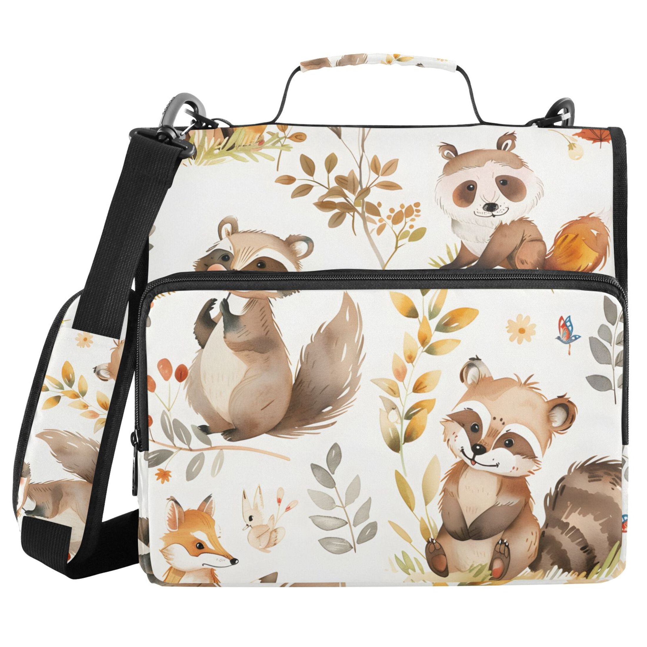 3 Ring Zipper Binder with Shoulder Strap Waterproof Trapper Keeper 2 Inch D-Ring 500 Sheets Capacity Cartoon Raccoon Fox