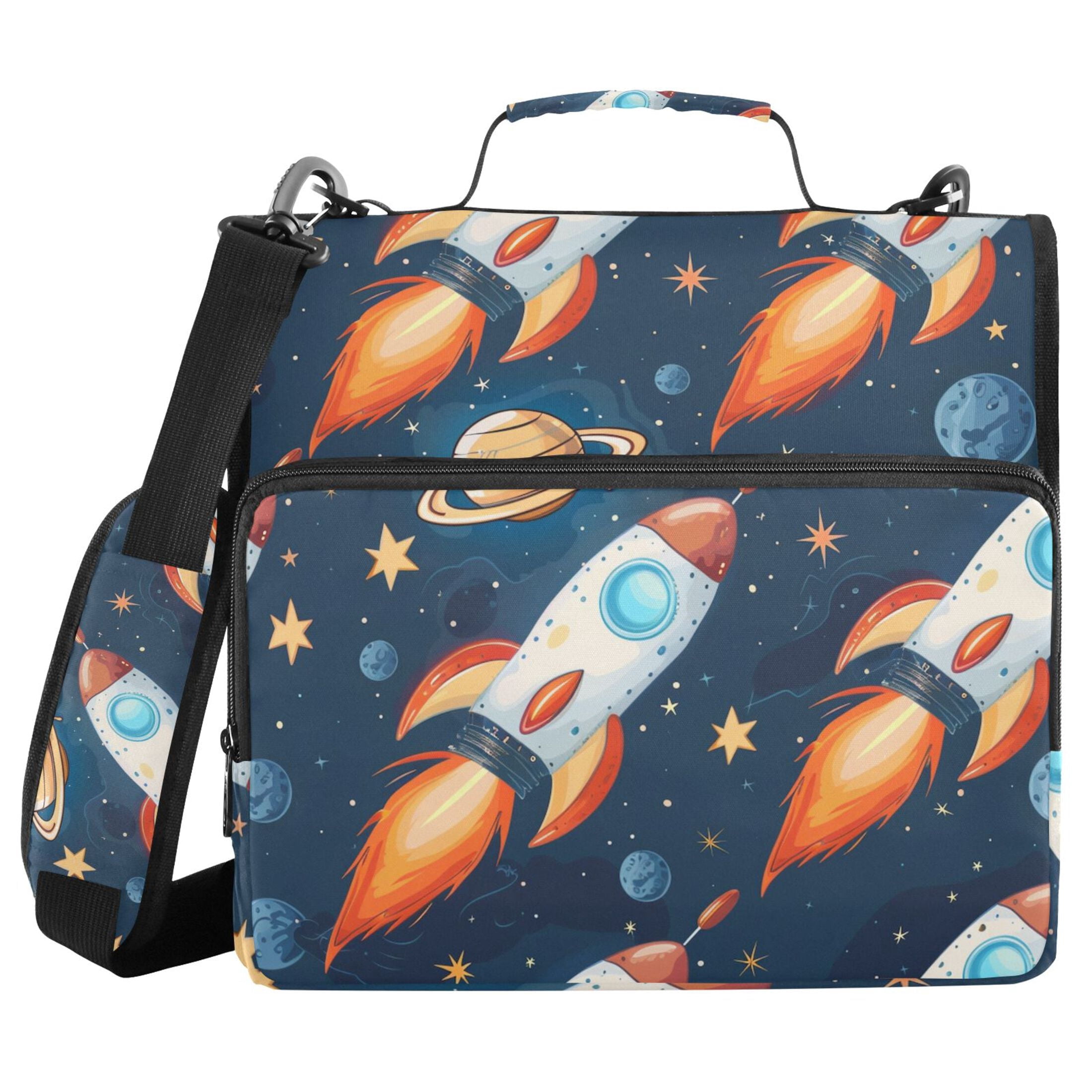 3 Ring Zipper Binder with Shoulder Strap Waterproof Trapper Keeper 2 Inch D-Ring 500 Sheets Capacity Cartoon Rocket Planet Star