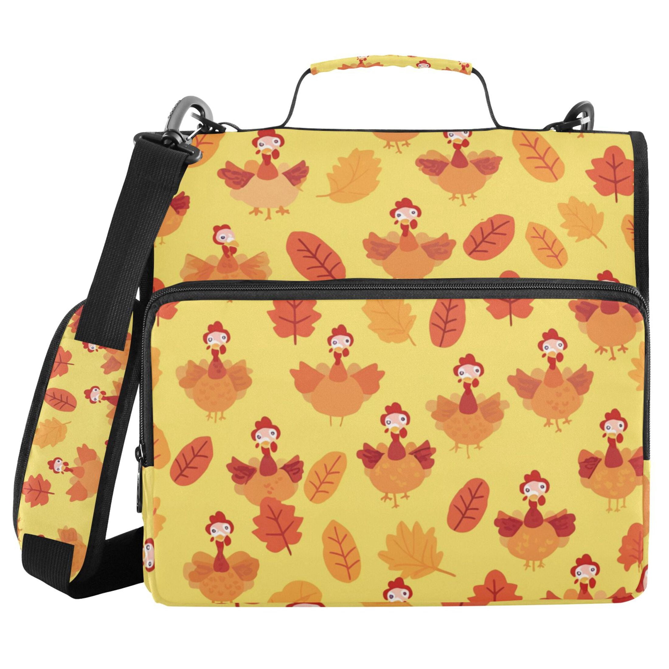 3 Ring Zipper Binder with Shoulder Strap Waterproof Trapper Keeper 2 Inch D-Ring 500 Sheets Capacity Cartoon Turkeys and Leaf