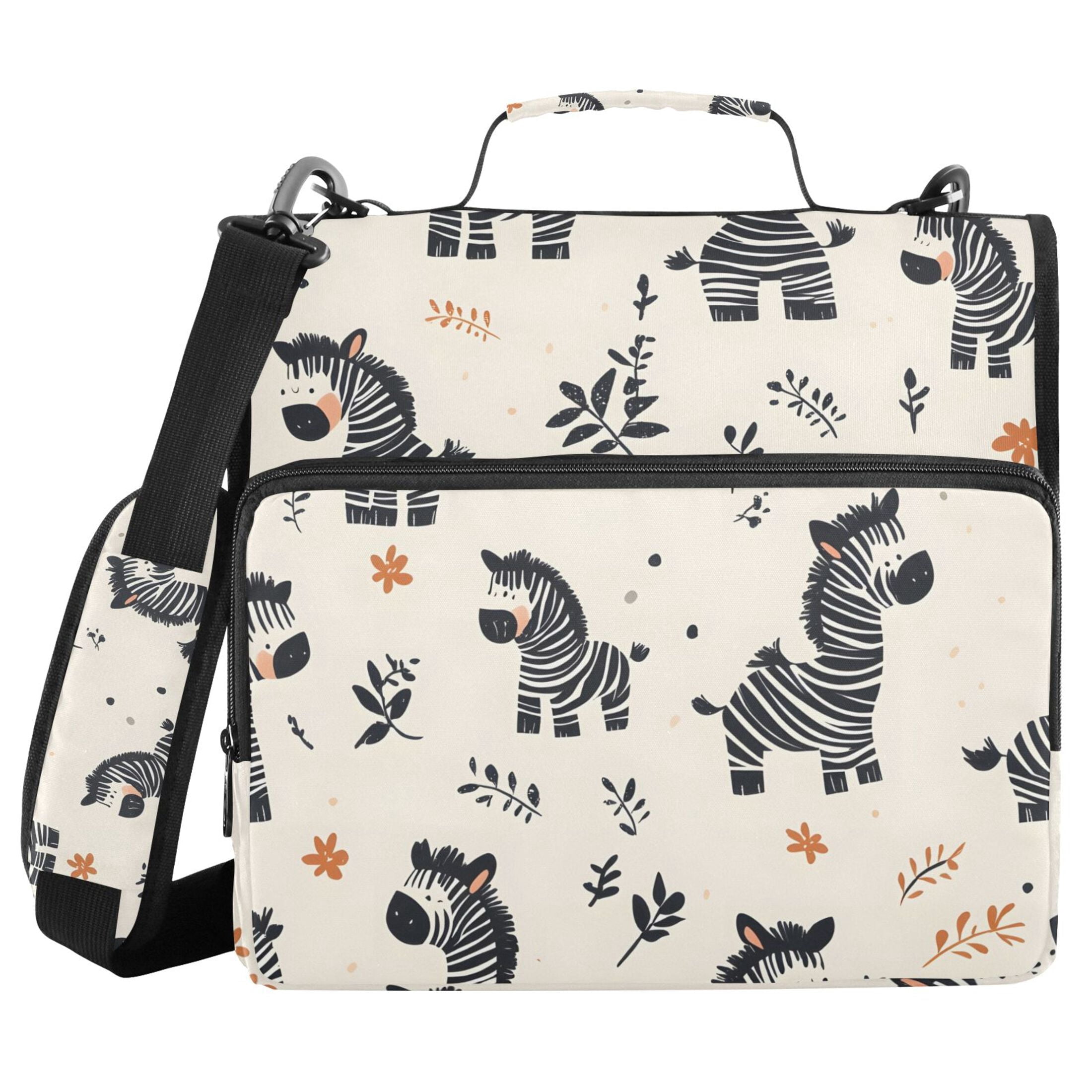 3 Ring Zipper Binder with Shoulder Strap Waterproof Trapper Keeper 2 Inch D-Ring 500 Sheets Capacity Cartoon Zebras and Leaf