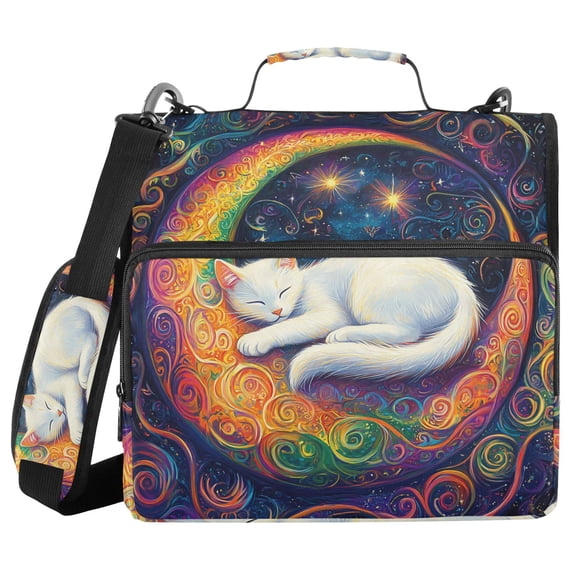 3 Ring Zipper Binder with Shoulder Strap Waterproof Trapper Keeper 2 Inch D-Ring 500 Sheets Capacity Cat Laying on Moon