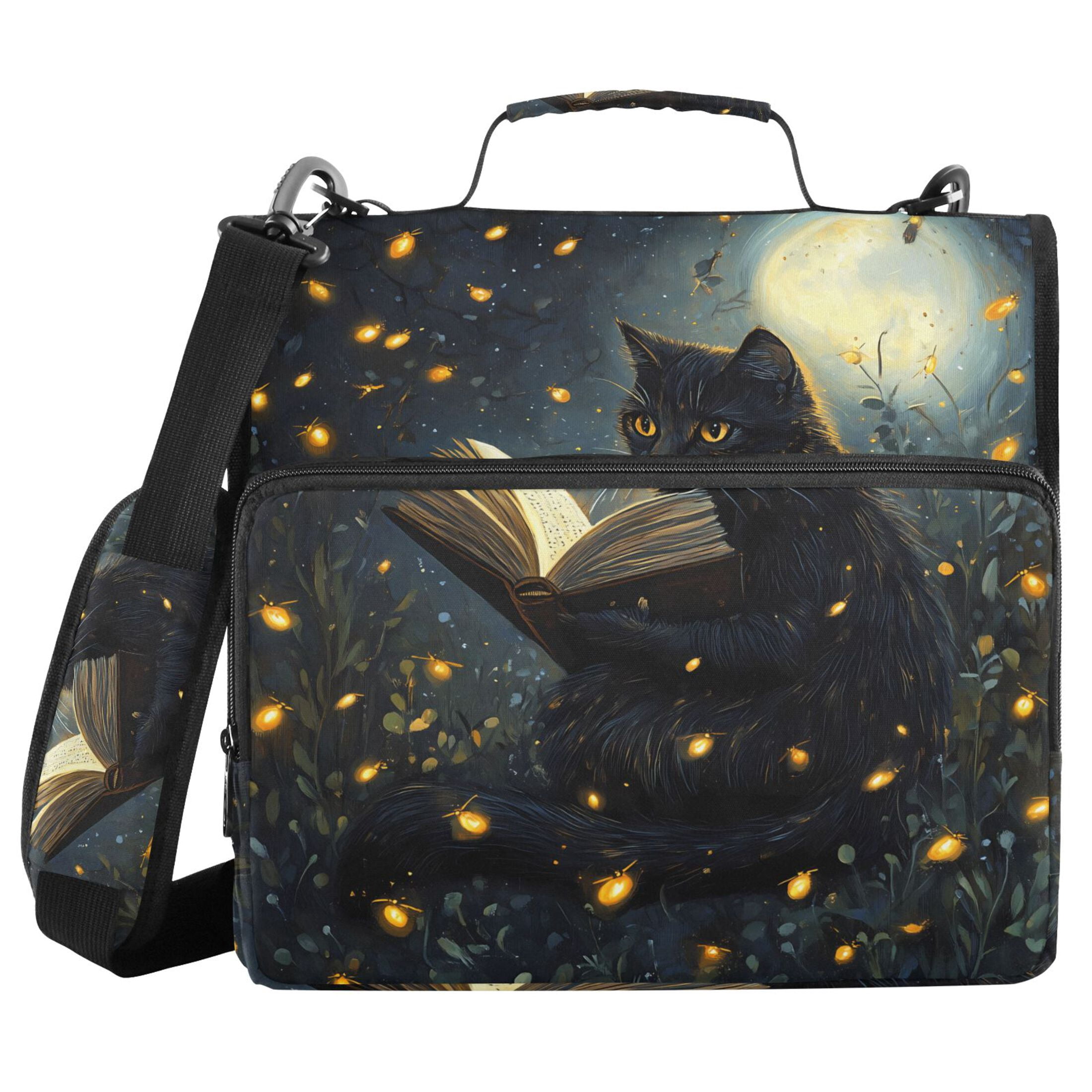 3 Ring Zipper Binder with Shoulder Strap Waterproof Trapper Keeper 1.5 Inch D-Ring 500 Sheets Capacity Cat Reads Book on Night