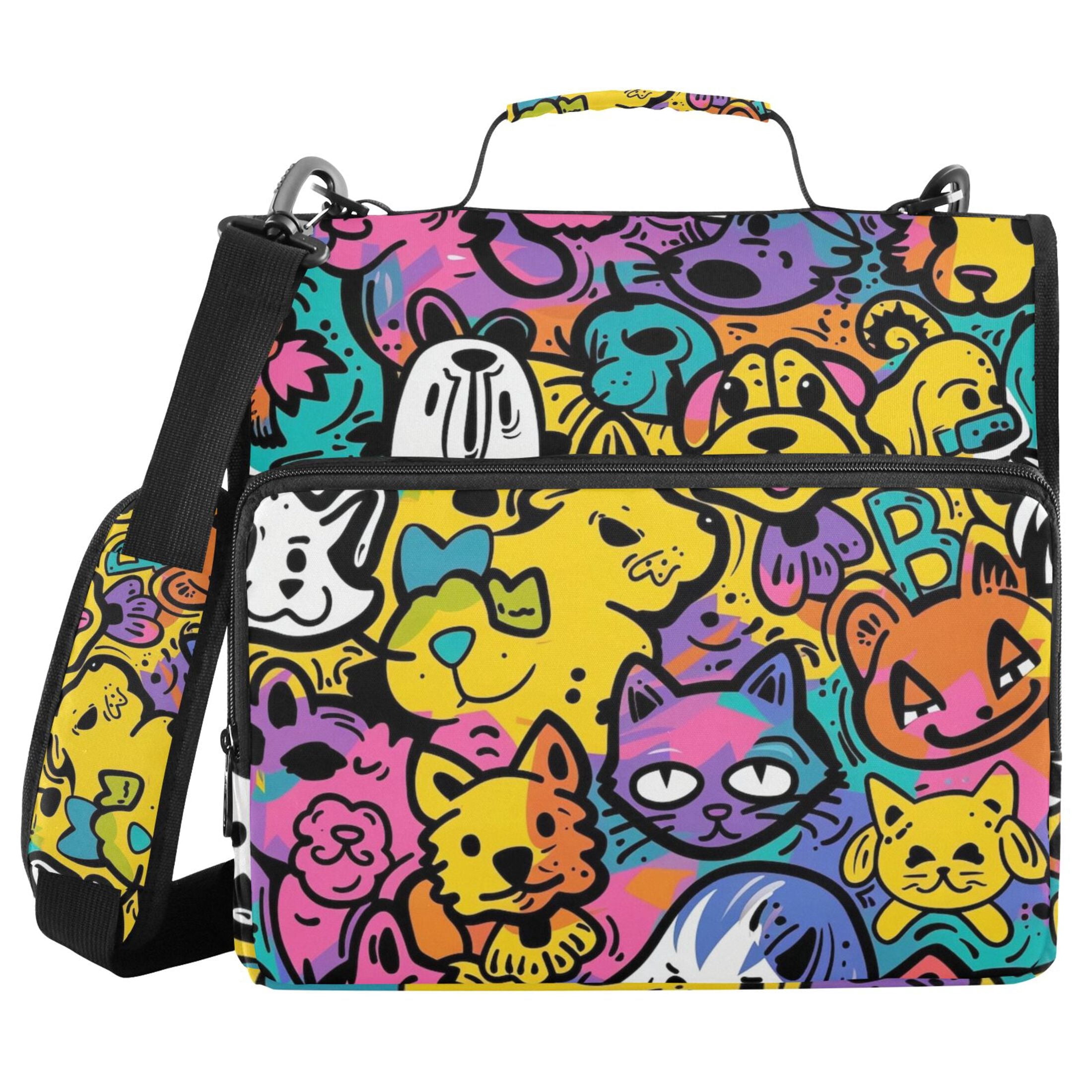 3 Ring Zipper Binder with Shoulder Strap Waterproof Trapper Keeper 2 Inch D-Ring 500 Sheets Capacity Cat and Dog Graffiti