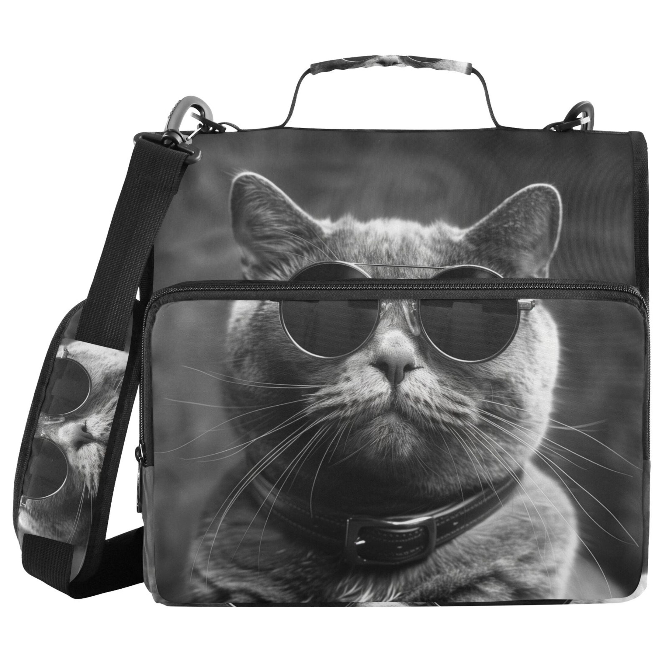 3 Ring Zipper Binder with Shoulder Strap Waterproof Trapper Keeper 1.5 Inch D-Ring 500 Sheets Capacity Cat with Glasses