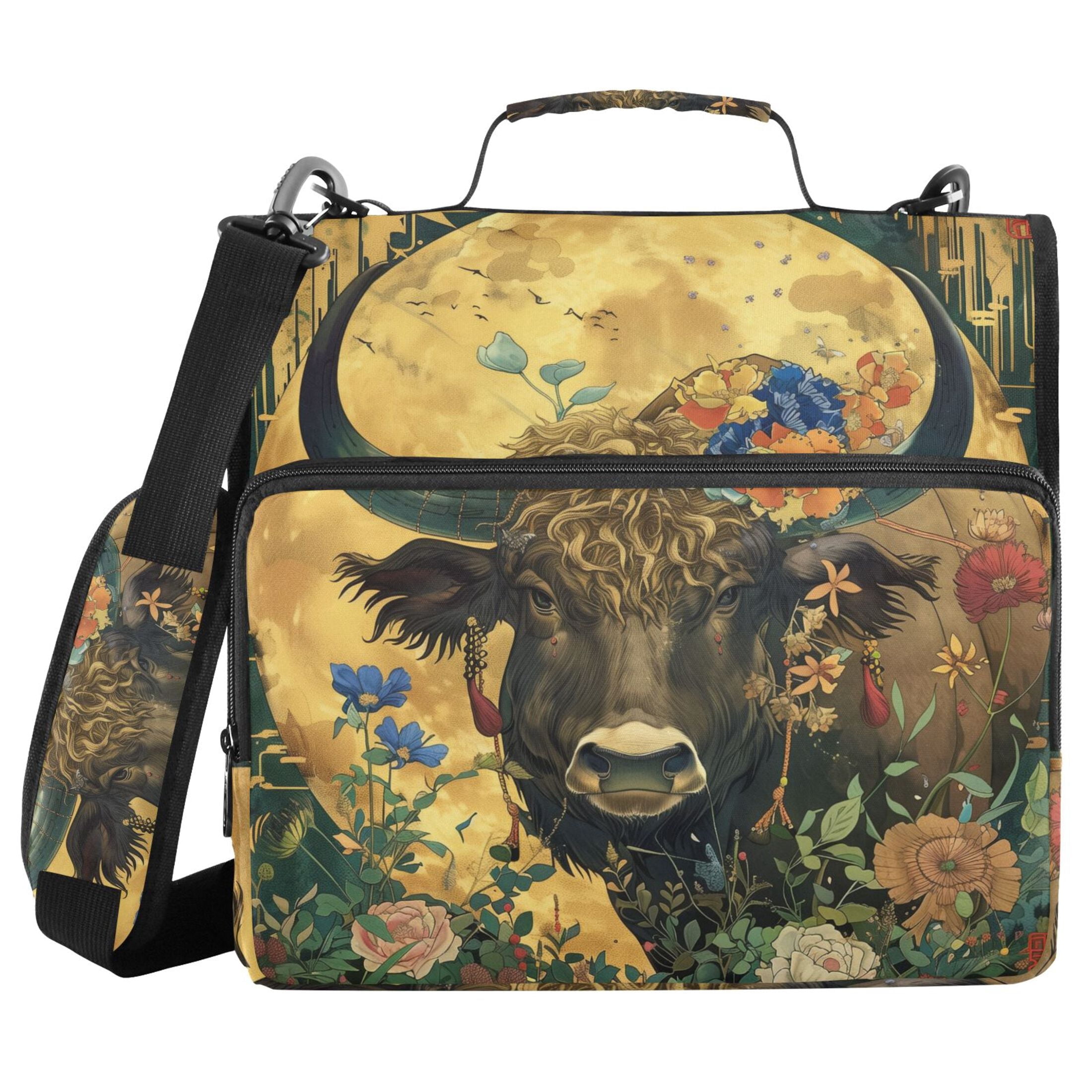 3 Ring Zipper Binder with Shoulder Strap Waterproof Trapper Keeper 2 Inch D-Ring 500 Sheets Capacity Cattle Flower Moon