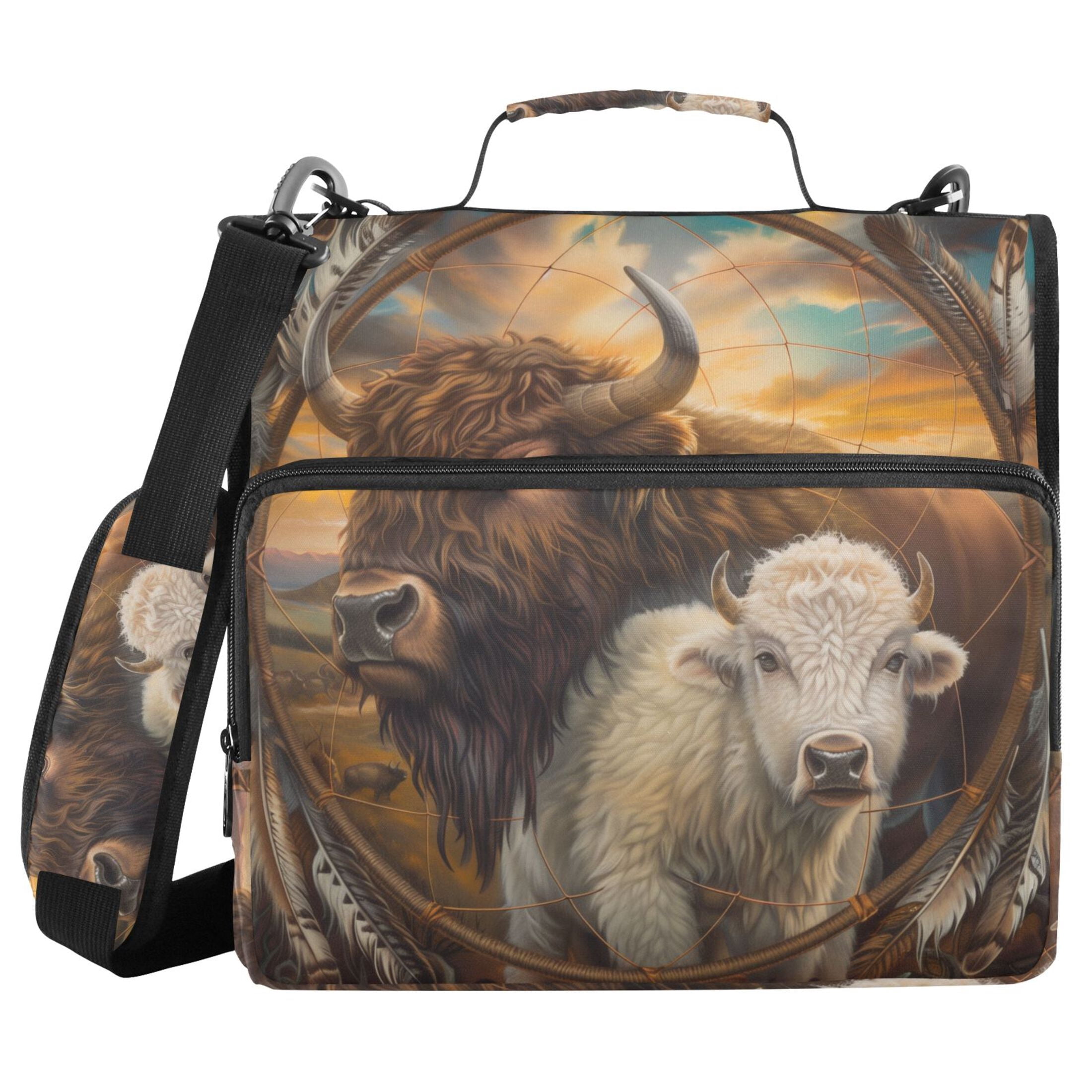 3 Ring Zipper Binder with Shoulder Strap Waterproof Trapper Keeper 2 Inch D-Ring 500 Sheets Capacity Cattle with Feathers