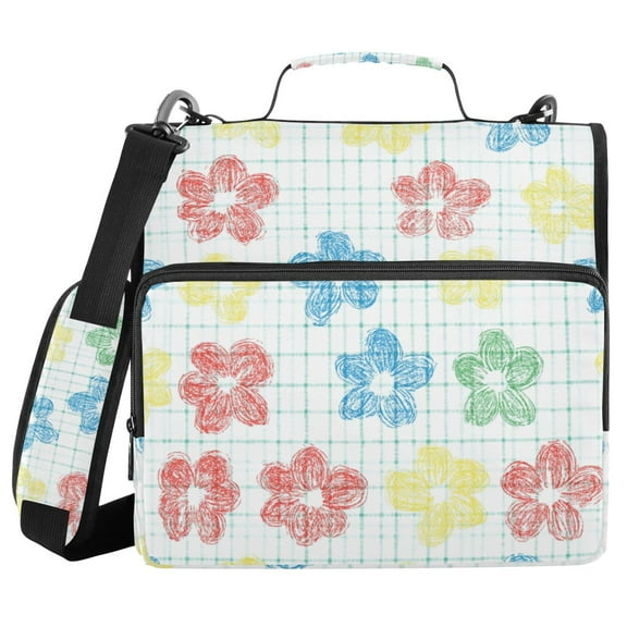 3 Ring Zipper Binder with Shoulder Strap Waterproof Trapper Keeper 1.5 Inch D-Ring 500 Sheets Capacity Checkered Stripes with Hand Drawn Flower