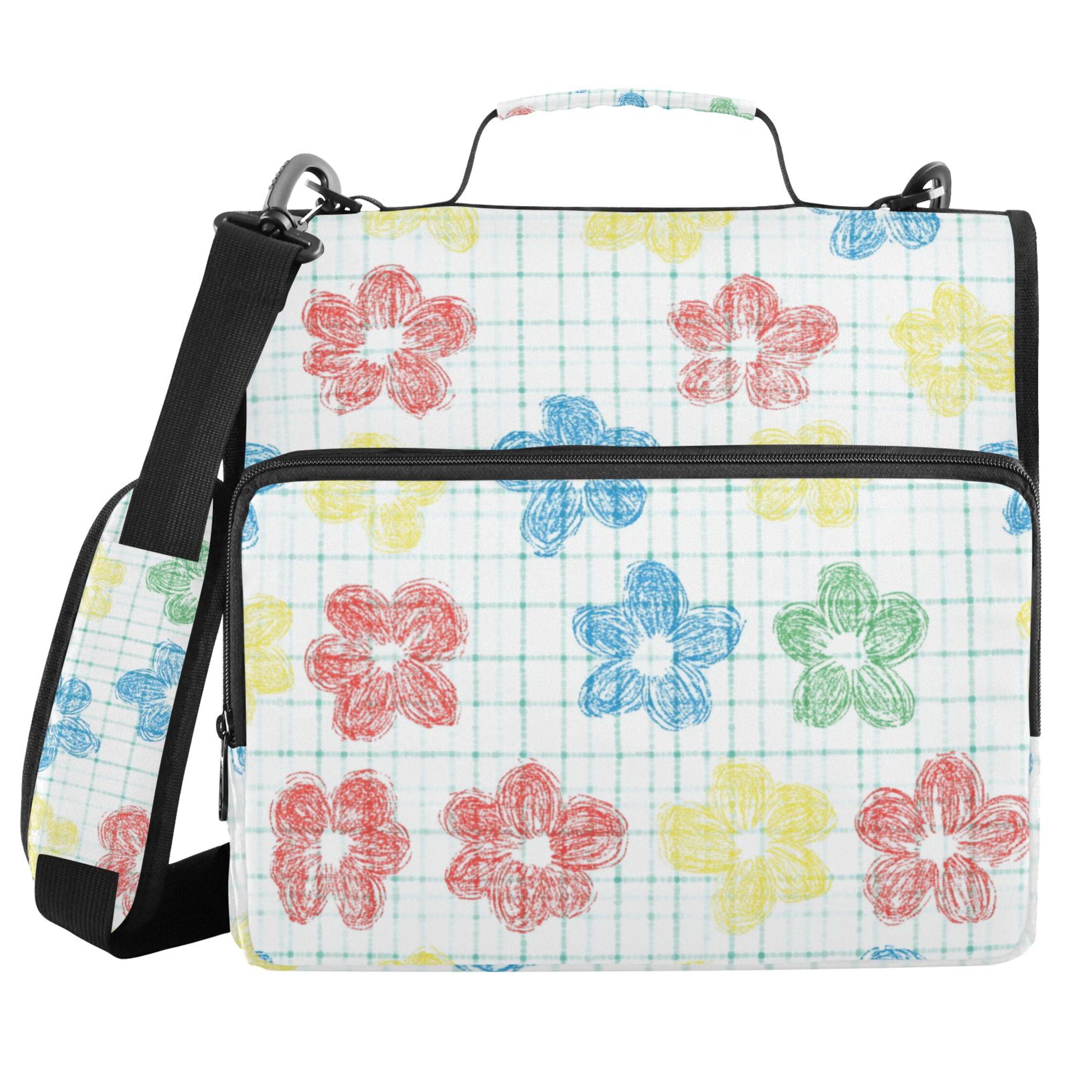 3 Ring Zipper Binder with Shoulder Strap Waterproof Trapper Keeper 2 Inch D-Ring 500 Sheets Capacity Checkered Stripes with Hand Drawn Flower
