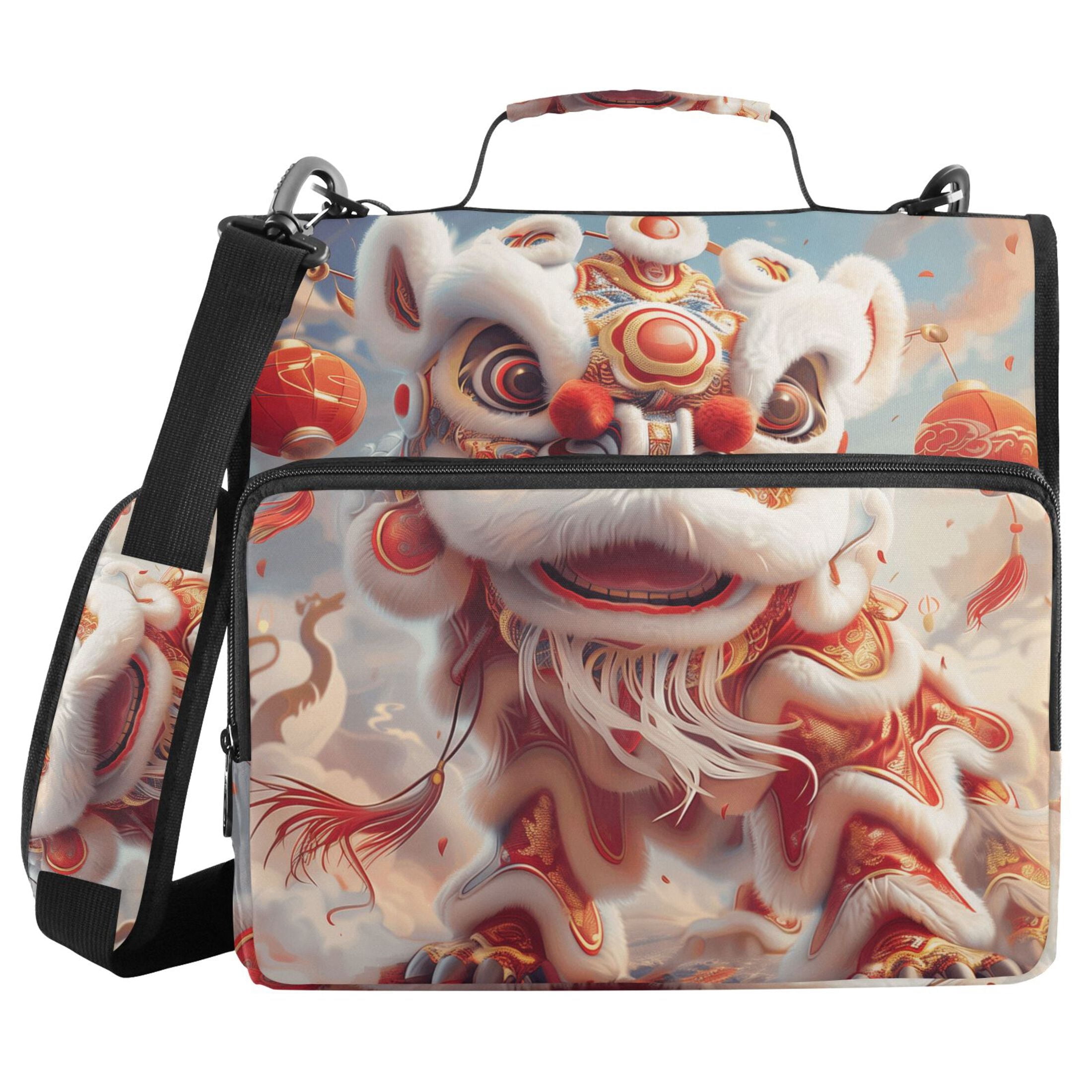 3 Ring Zipper Binder with Shoulder Strap Waterproof Trapper Keeper 2 Inch D-Ring 500 Sheets Capacity Chinese Lion Dance