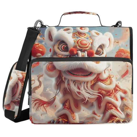 3 Ring Zipper Binder with Shoulder Strap Waterproof Trapper Keeper 1.5 Inch D-Ring 500 Sheets Capacity Chinese Lion Dance