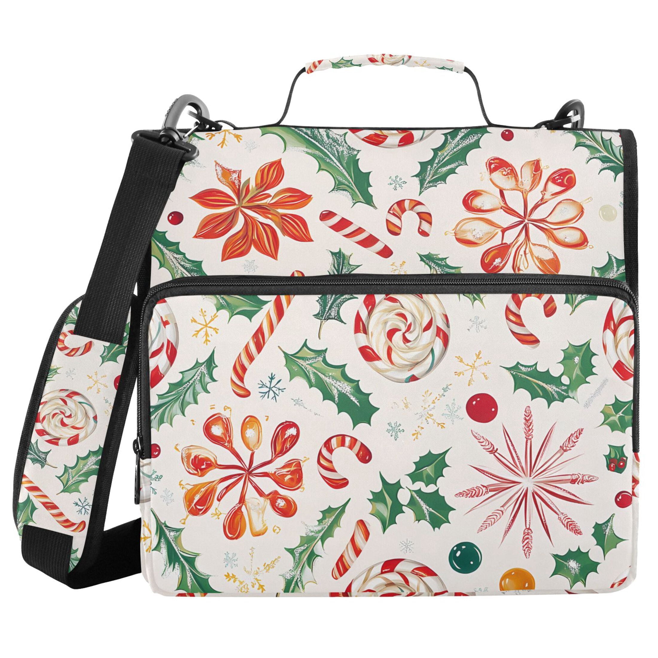 3 Ring Zipper Binder with Shoulder Strap Waterproof Trapper Keeper 2 Inch D-Ring 500 Sheets Capacity Christmas Candy Canes Holly Leaves