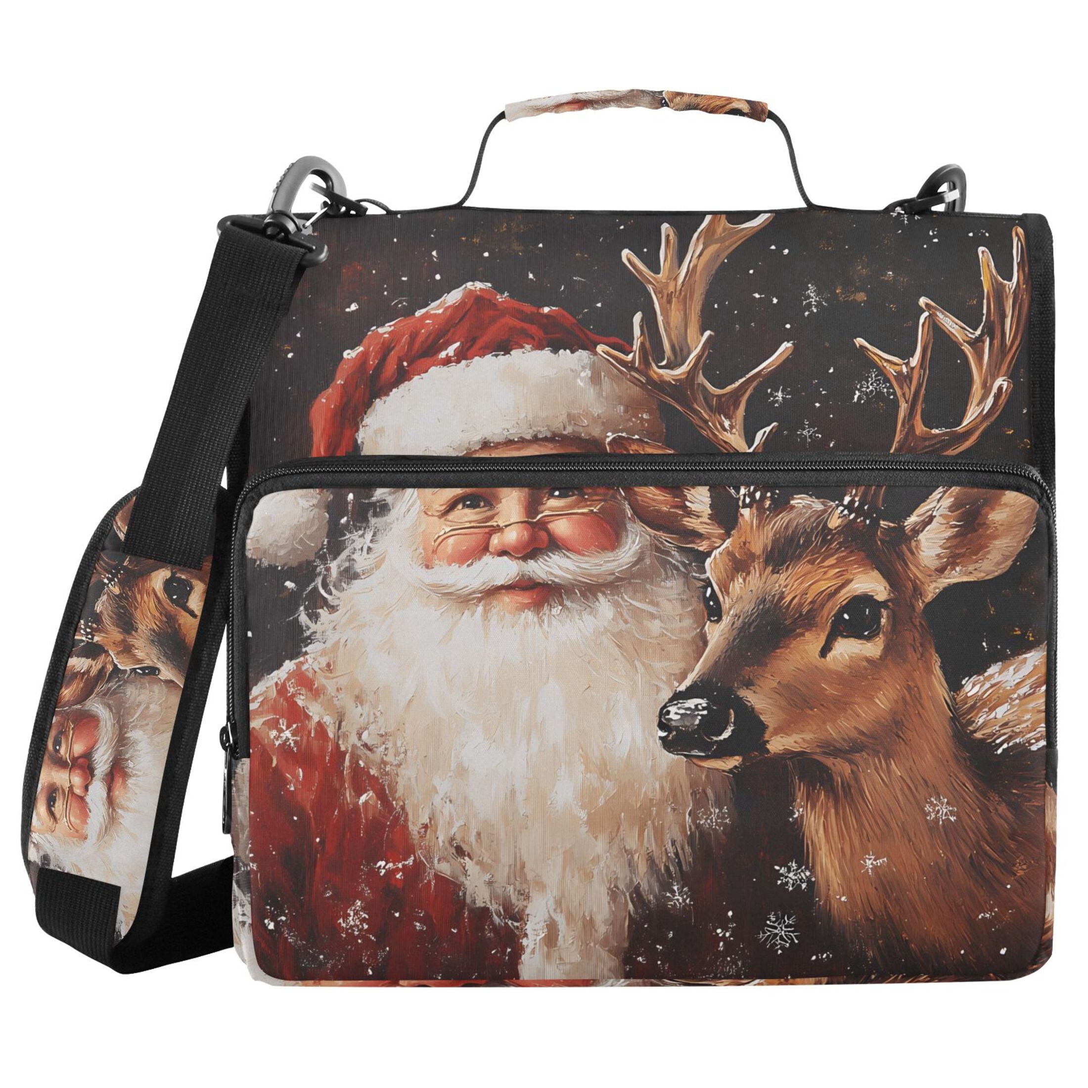 3 Ring Zipper Binder with Shoulder Strap Waterproof Trapper Keeper 2 Inch D-Ring 500 Sheets Capacity Christmas Santa Claus and Deer