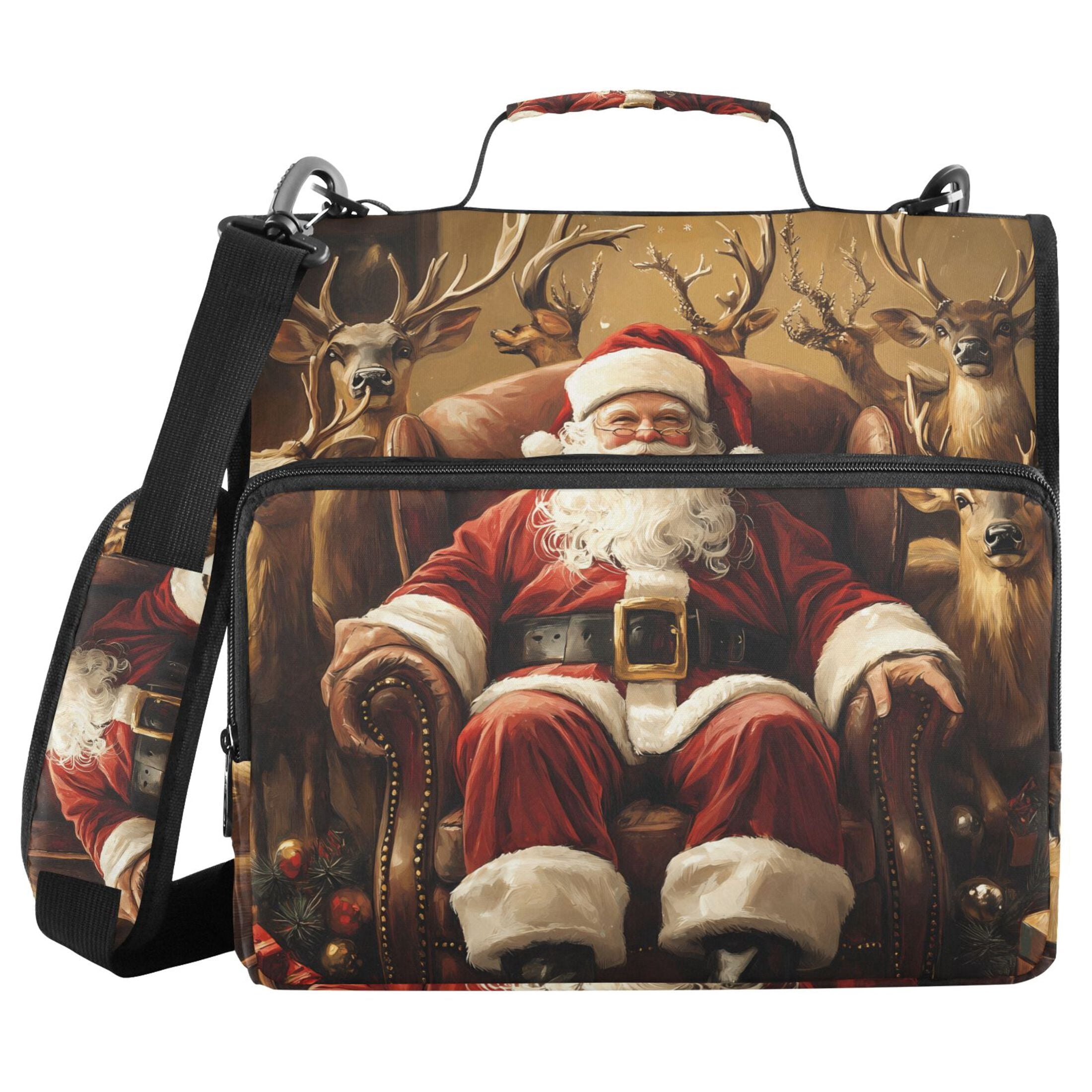 3 Ring Zipper Binder with Shoulder Strap Waterproof Trapper Keeper 2 Inch D-Ring 500 Sheets Capacity Christmas Santa Claus and Deers