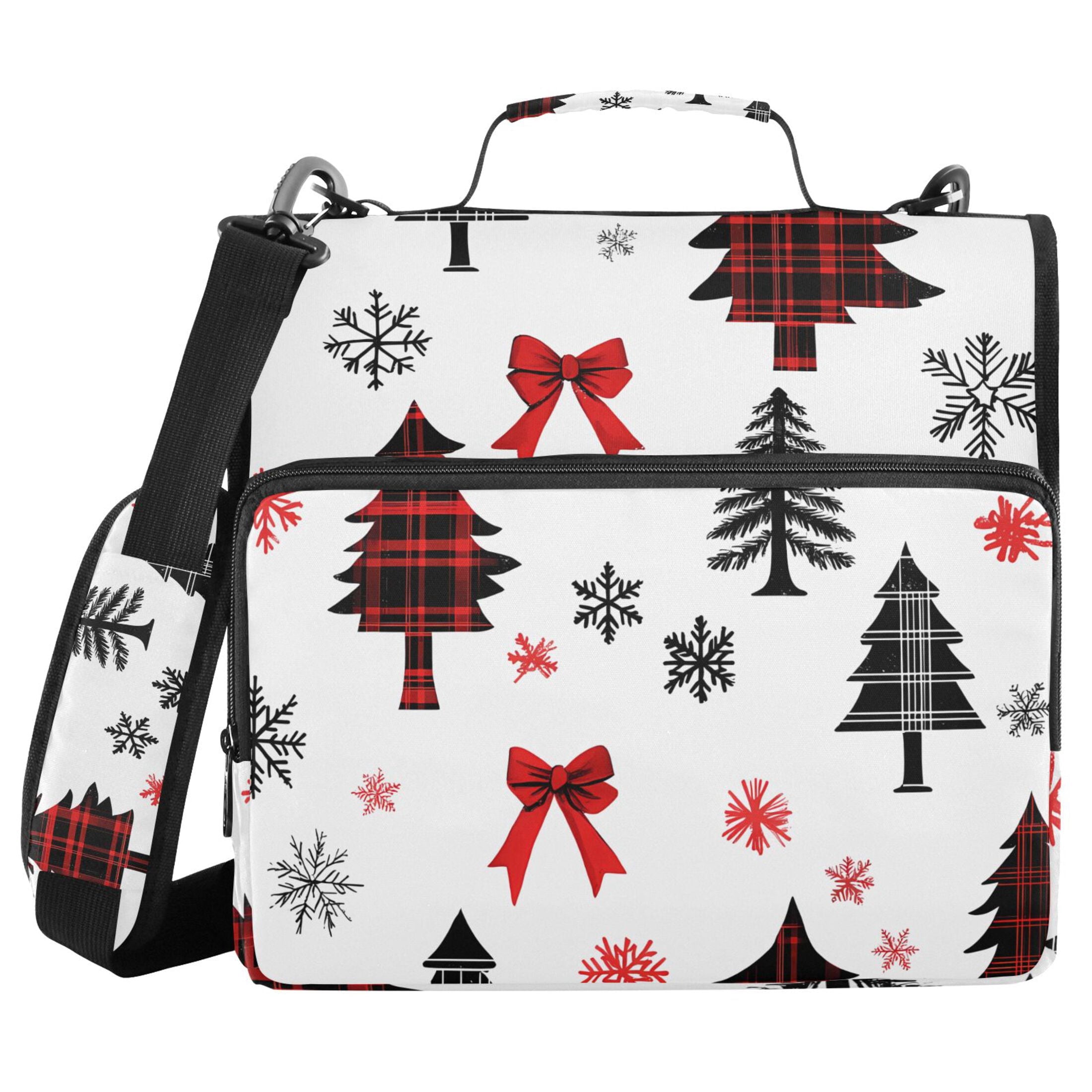 3 Ring Zipper Binder with Shoulder Strap Waterproof Trapper Keeper 2 Inch D-Ring 500 Sheets Capacity Christmas Tree Snowflakes Bow