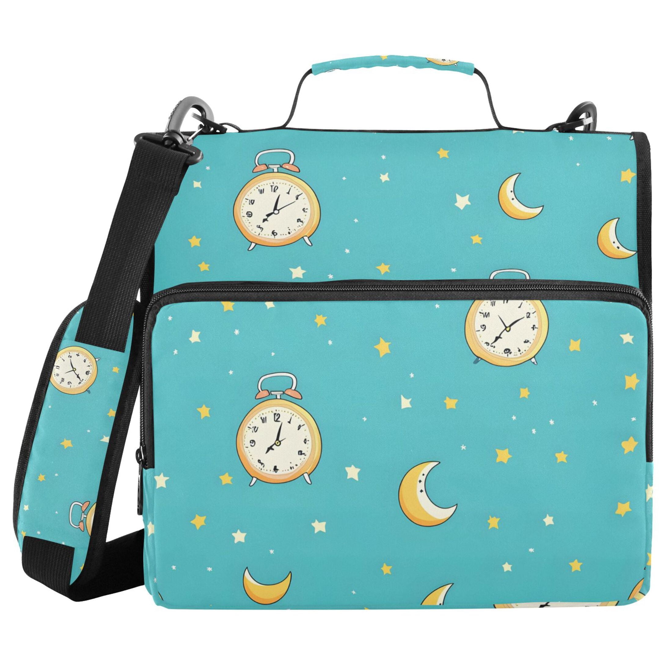 3 Ring Zipper Binder with Shoulder Strap Waterproof Trapper Keeper 2 Inch D-Ring 500 Sheets Capacity Clock Moon Star