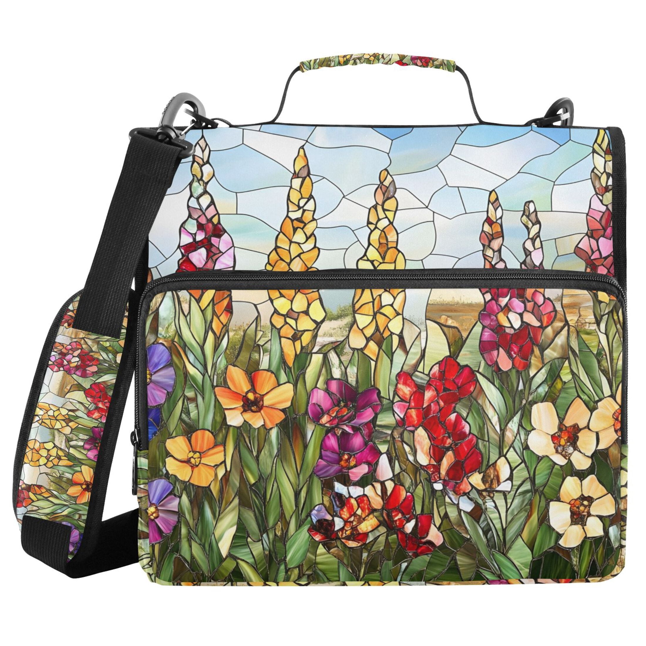 3 Ring Zipper Binder with Shoulder Strap Waterproof Trapper Keeper 2 Inch D-Ring 500 Sheets Capacity Colored Glass Flowers