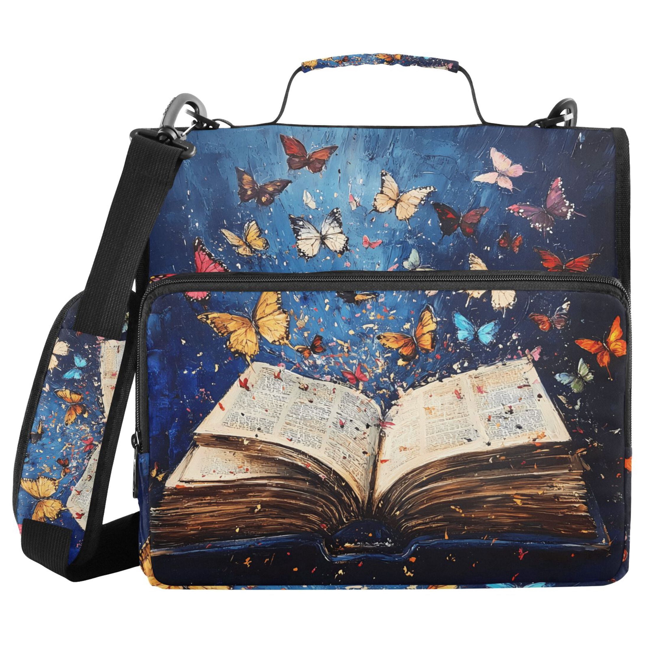 3 Ring Zipper Binder with Shoulder Strap Waterproof Trapper Keeper 2 Inch D-Ring 500 Sheets Capacity Colorful Butterflies Fly on Book