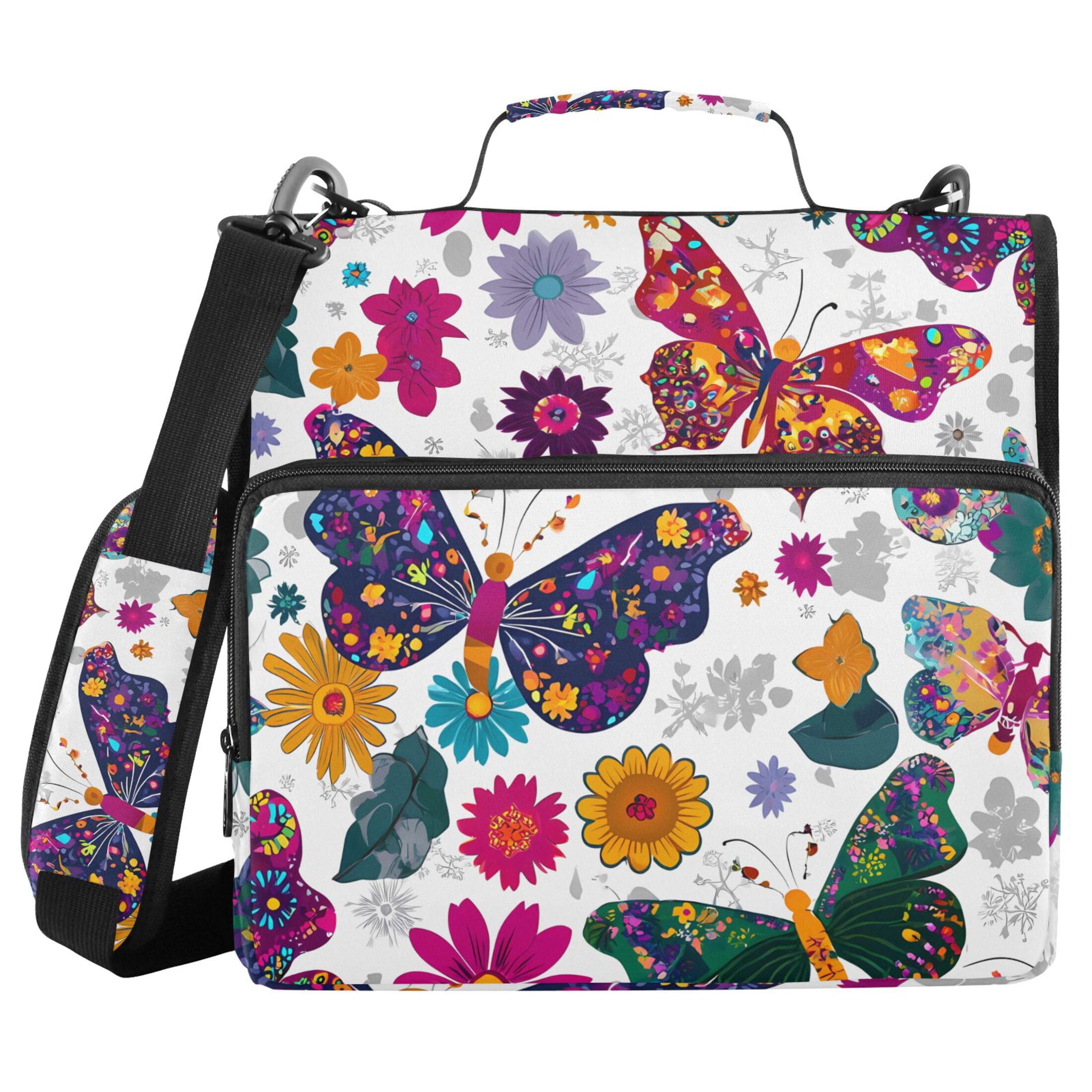 3 Ring Zipper Binder with Shoulder Strap Waterproof Trapper Keeper 2 Inch D-Ring 500 Sheets Capacity Colorful Butterflies and Flowers