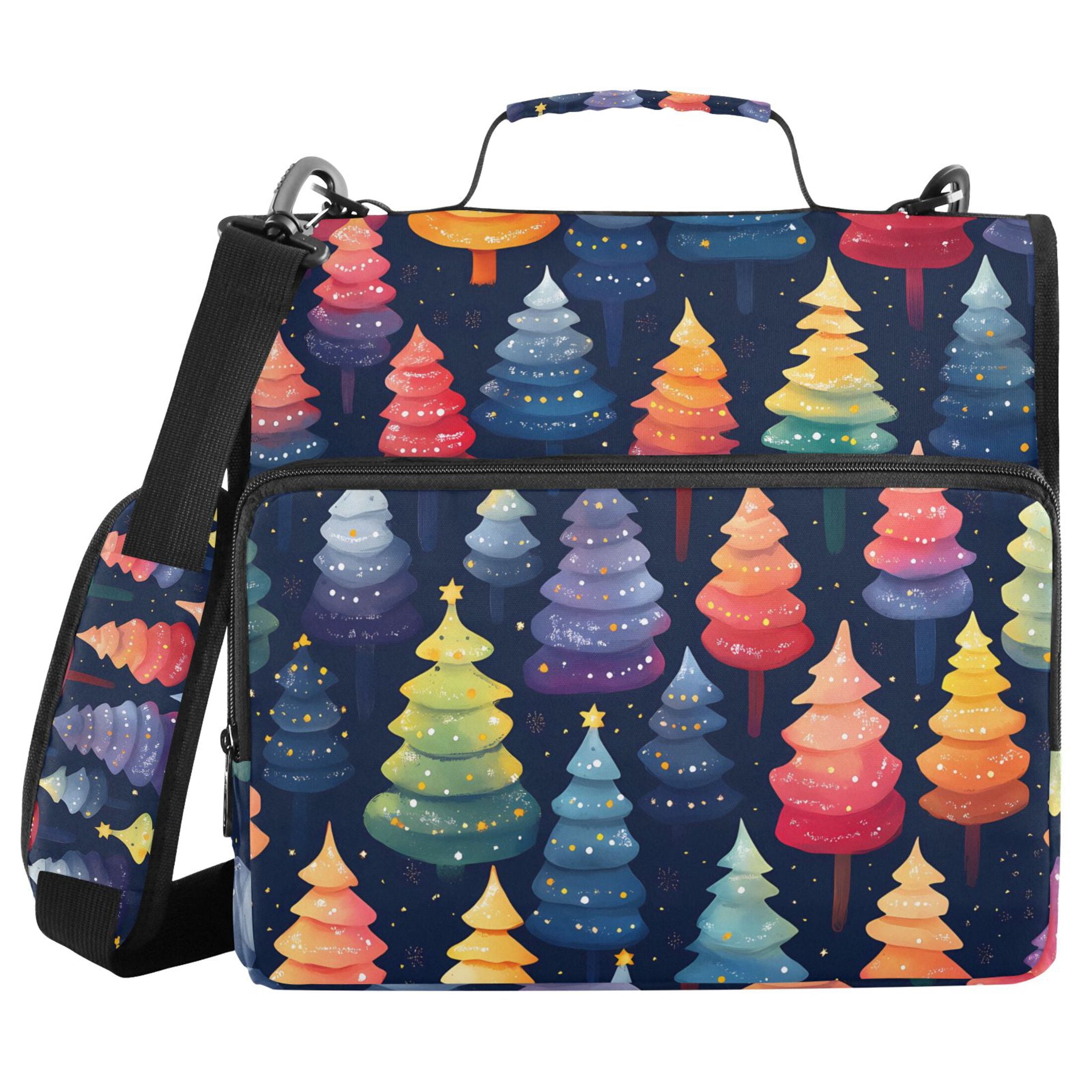 3 Ring Zipper Binder with Shoulder Strap Waterproof Trapper Keeper 2 Inch D-Ring 500 Sheets Capacity Colorful Christmas Tree