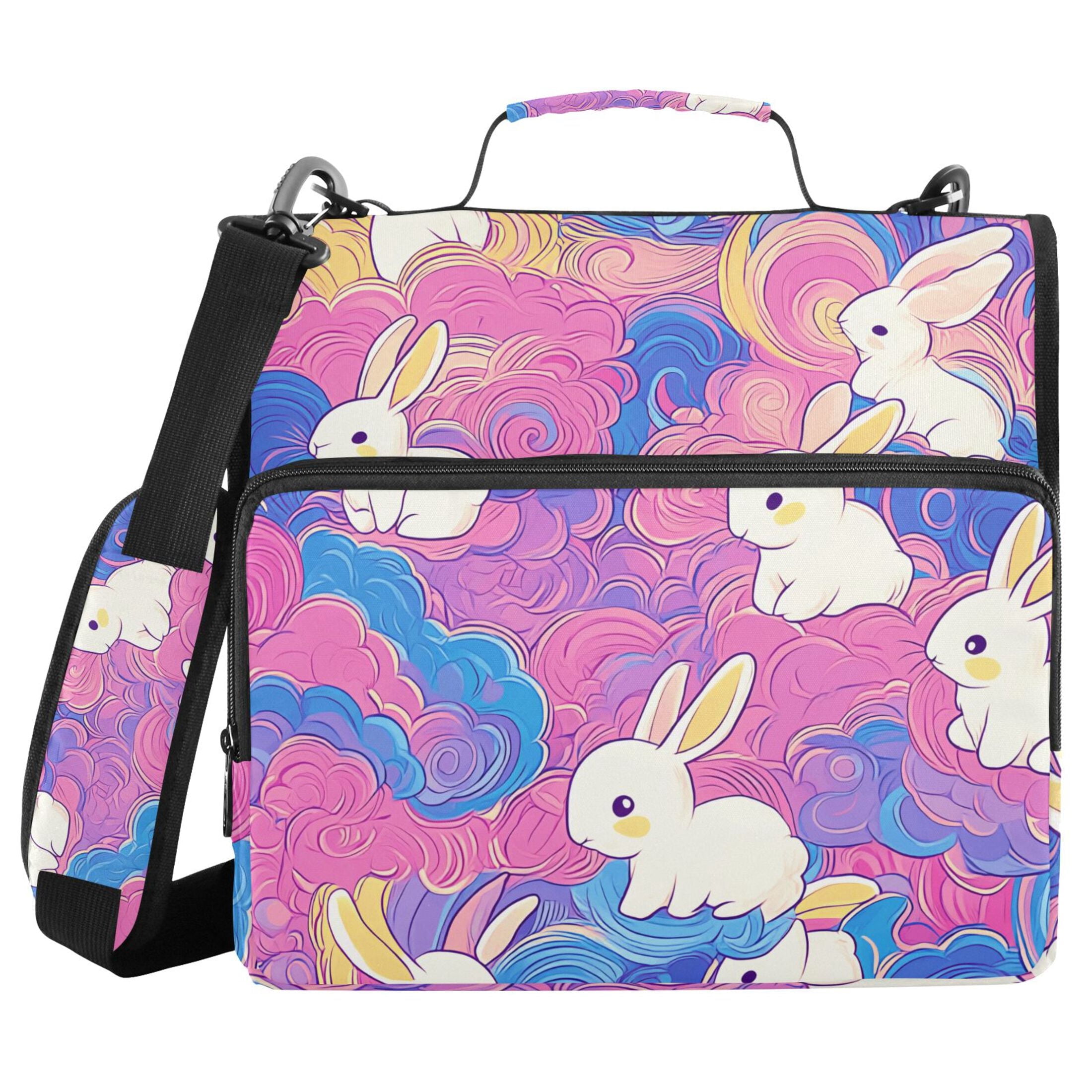 3 Ring Zipper Binder with Shoulder Strap Waterproof Trapper Keeper 2 Inch D-Ring 500 Sheets Capacity Colorful Cloud with Cute Bunnies
