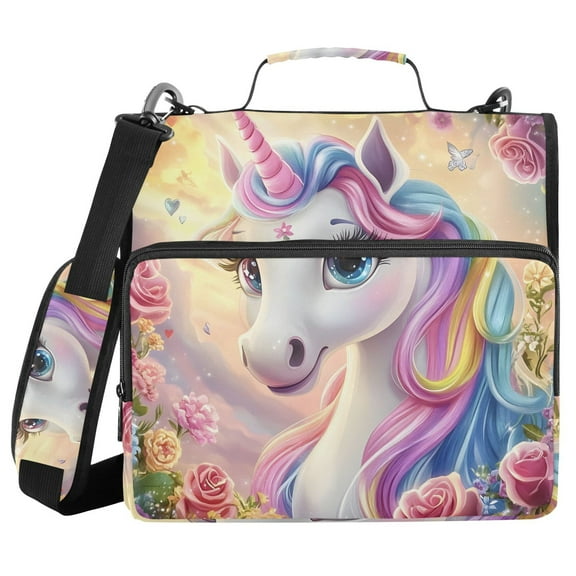 3 Ring Zipper Binder with Shoulder Strap Waterproof Trapper Keeper 1.5 Inch D-Ring 500 Sheets Capacity Colorful Cute Unicorn and Flower