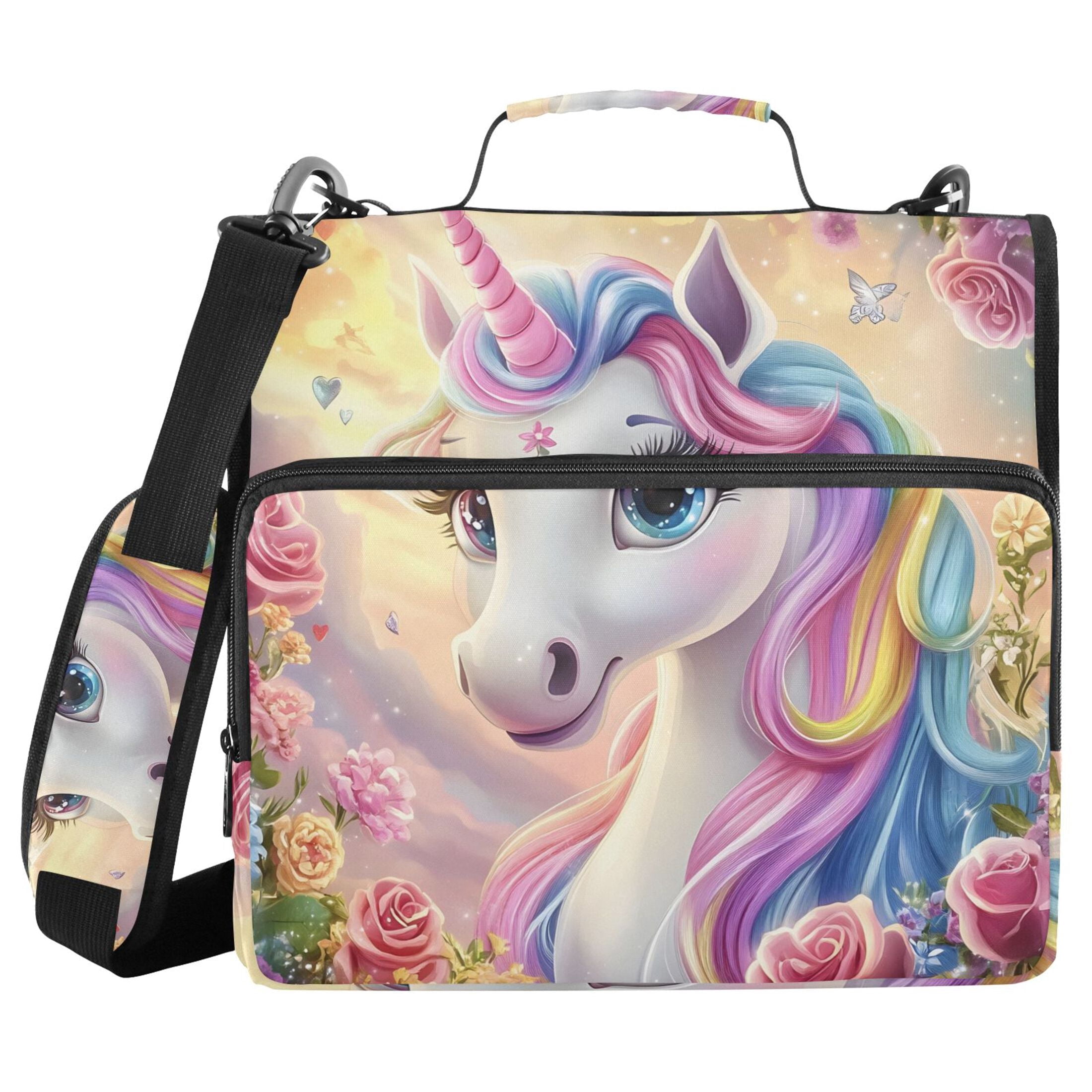 3 Ring Zipper Binder with Shoulder Strap Waterproof Trapper Keeper 2 Inch D-Ring 500 Sheets Capacity Colorful Cute Unicorn and Flower