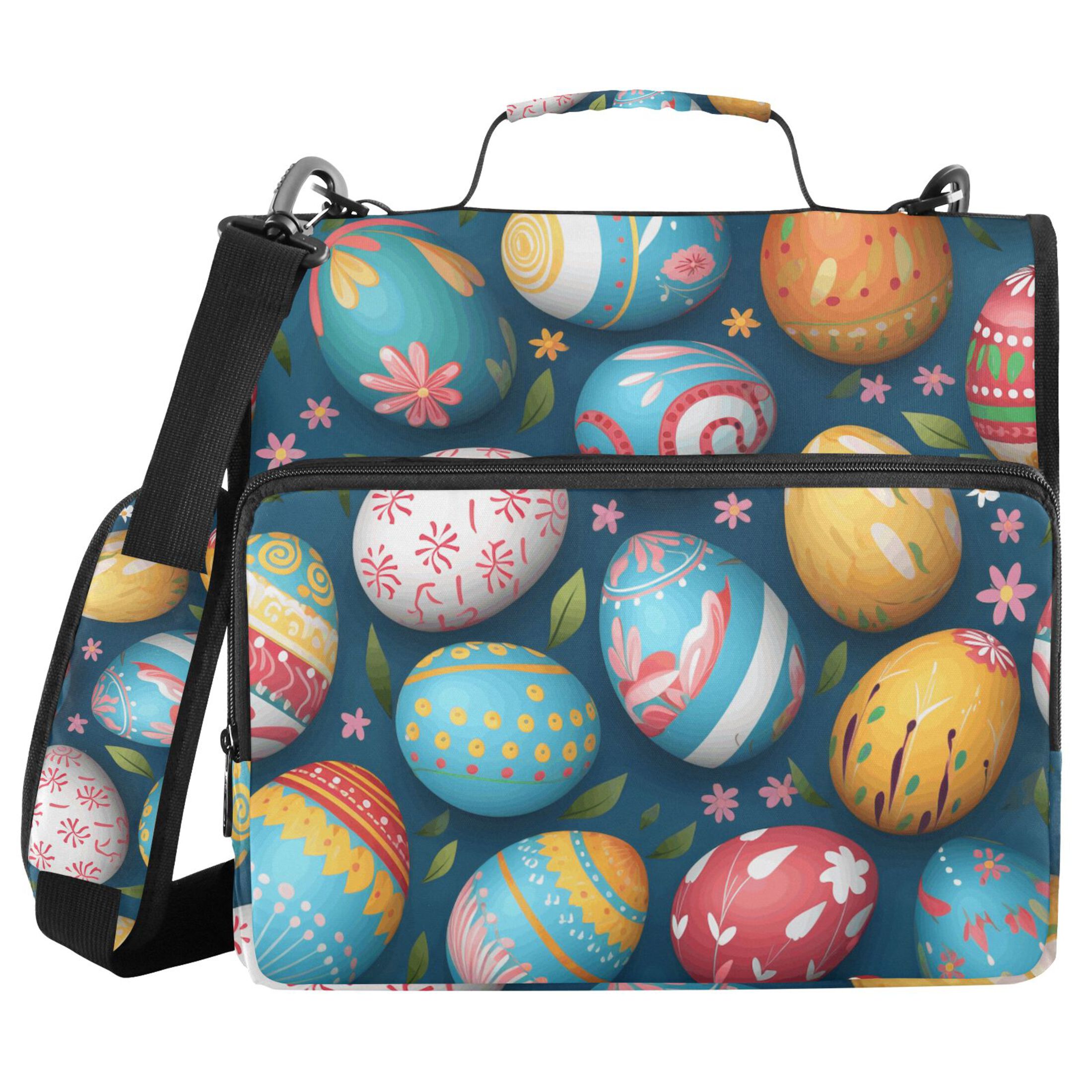 3 Ring Zipper Binder with Shoulder Strap Waterproof Trapper Keeper 1.5 Inch D-Ring 500 Sheets Capacity Colorful Easter Eggs