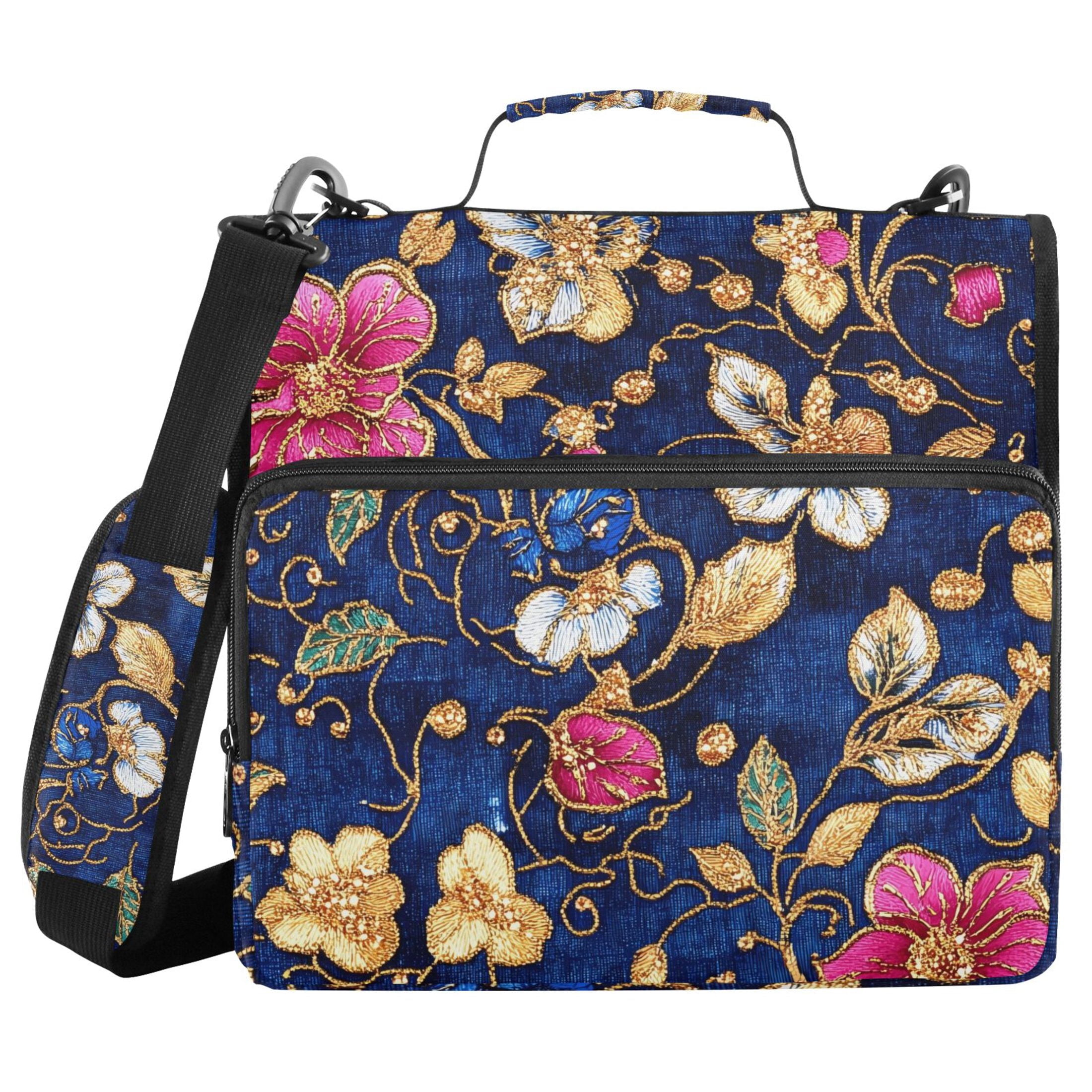 3 Ring Zipper Binder with Shoulder Strap Waterproof Trapper Keeper 2 Inch D-Ring 500 Sheets Capacity Colorful Embroidered Flower