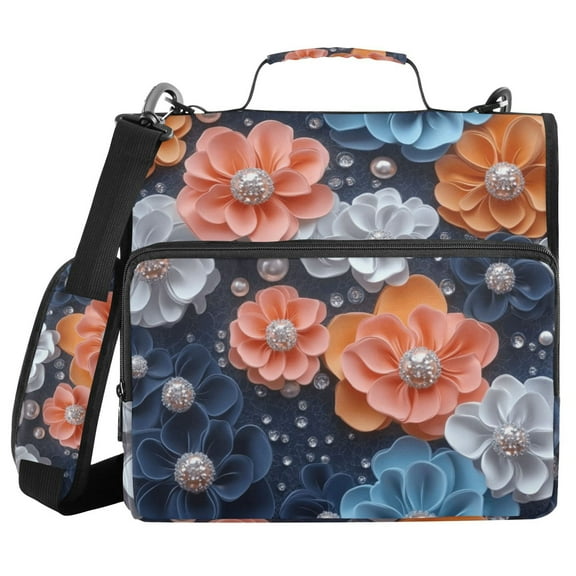 3 Ring Zipper Binder with Shoulder Strap Waterproof Trapper Keeper 1.5 Inch D-Ring 500 Sheets Capacity Colorful Flower and Pearls