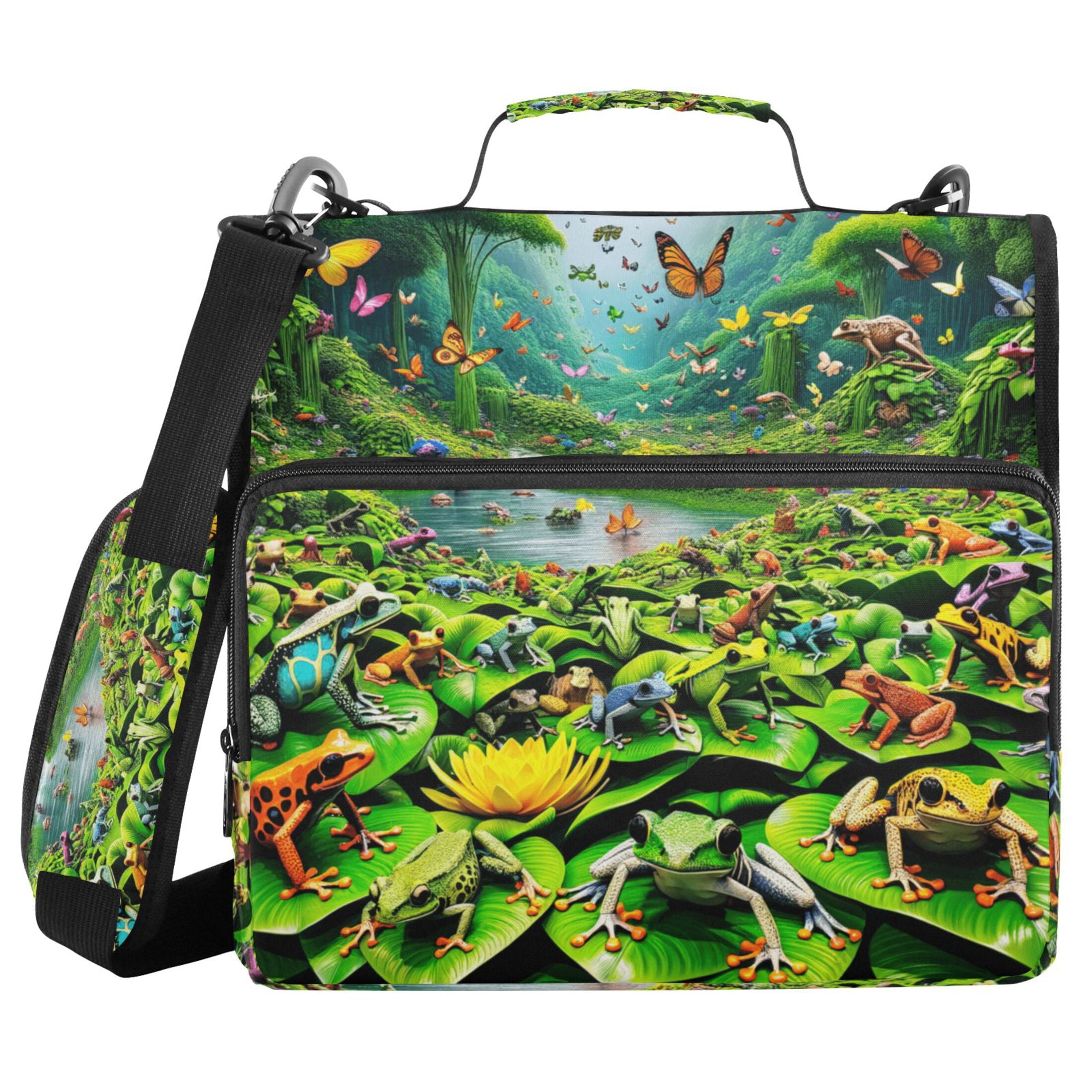 3 Ring Zipper Binder with Shoulder Strap Waterproof Trapper Keeper 2 Inch D-Ring 500 Sheets Capacity Colorful Frogs and Butterflies
