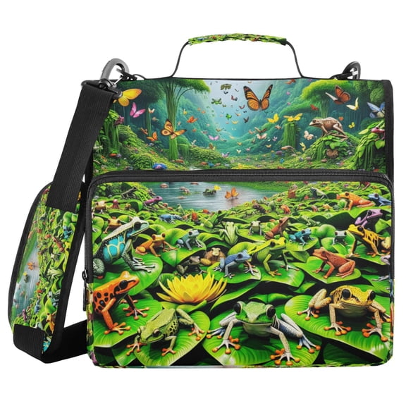 3 Ring Zipper Binder with Shoulder Strap Waterproof Trapper Keeper 2 Inch D-Ring 500 Sheets Capacity Colorful Frogs and Butterflies