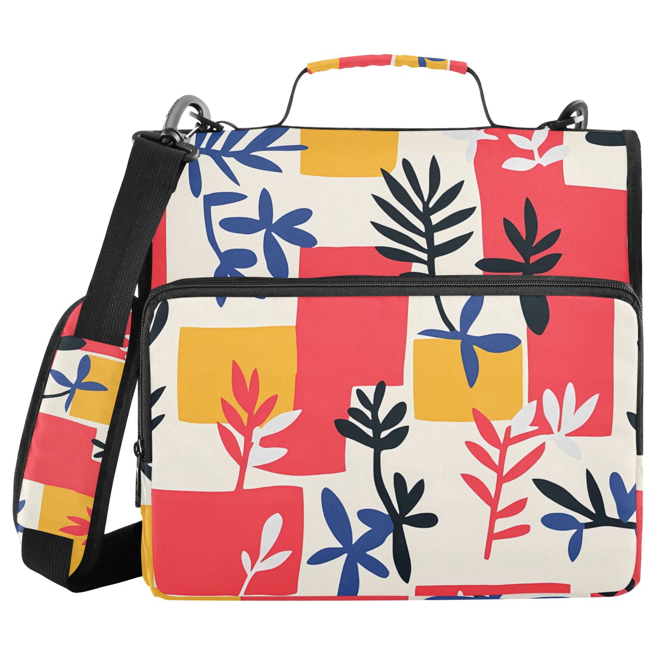 3 Ring Zipper Binder with Shoulder Strap Waterproof Trapper Keeper 2 Inch D-Ring 500 Sheets Capacity Colorful Plants and Squares