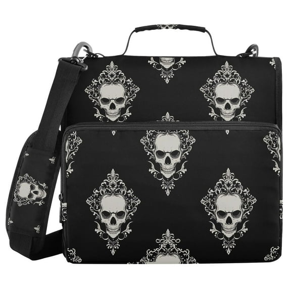 3 Ring Zipper Binder with Shoulder Strap Waterproof Trapper Keeper 1.5 Inch D-Ring 500 Sheets Capacity Cool Skulls Filigree