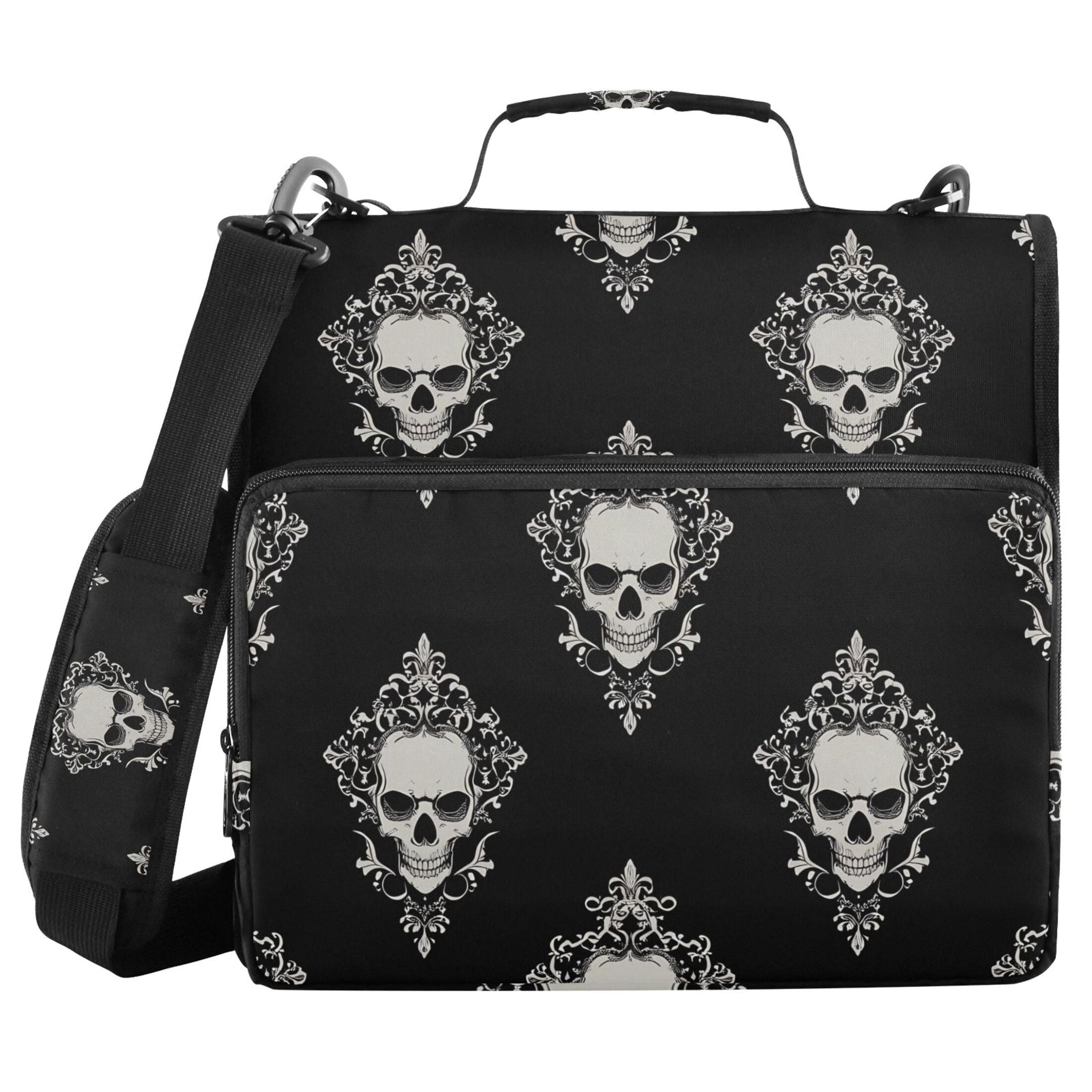 3 Ring Zipper Binder with Shoulder Strap Waterproof Trapper Keeper 2 Inch D-Ring 500 Sheets Capacity Cool Skulls Filigree