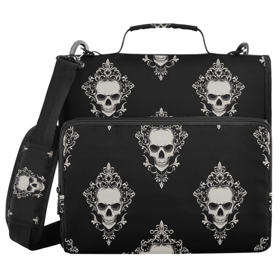 3 Ring Zipper Binder with Shoulder Strap Waterproof Trapper Keeper 2 Inch D-Ring 500 Sheets Capacity Cool Skulls Filigree