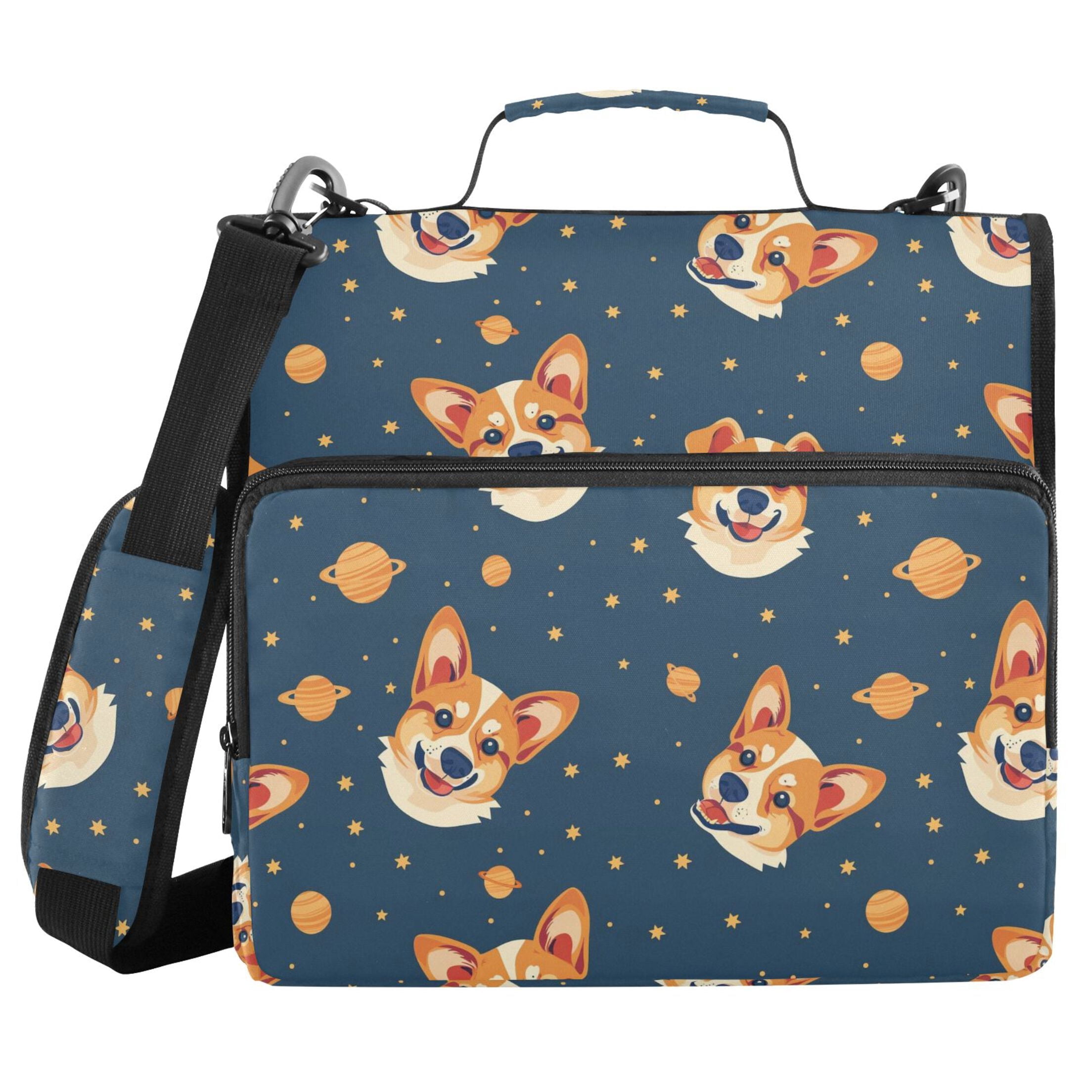 3 Ring Zipper Binder with Shoulder Strap Waterproof Trapper Keeper 2 Inch D-Ring 500 Sheets Capacity Corgi Dog and Planet